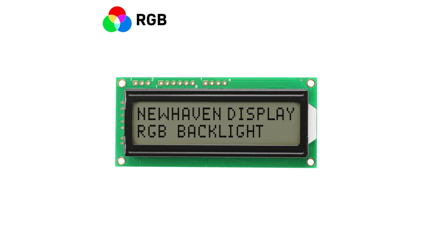 NEWHAVEN DISPLAY INTERNATIONAL NHD-0216K3Z-FS(RGB)-FBW-V3 Alphanumeric LCD Alphanumeric Display, Blue, Green, Red on, 2