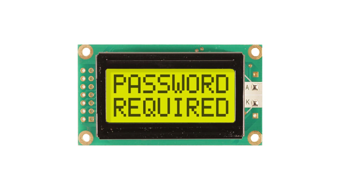 NEWHAVEN DISPLAY INTERNATIONAL NHD-0208BZ-FL-YBW Alphanumeric LCD Alphanumeric Display, Yellow-Green on Yellow/Green, 2