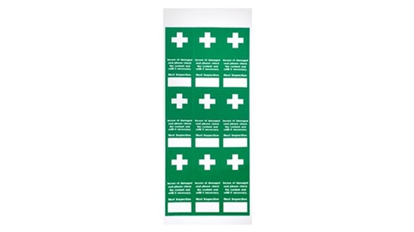Etichetta di pronto soccorso Poliestere Verde/Bianco RS PRO, testo - Tamperproof First Aid Inspection Labels Etichetta