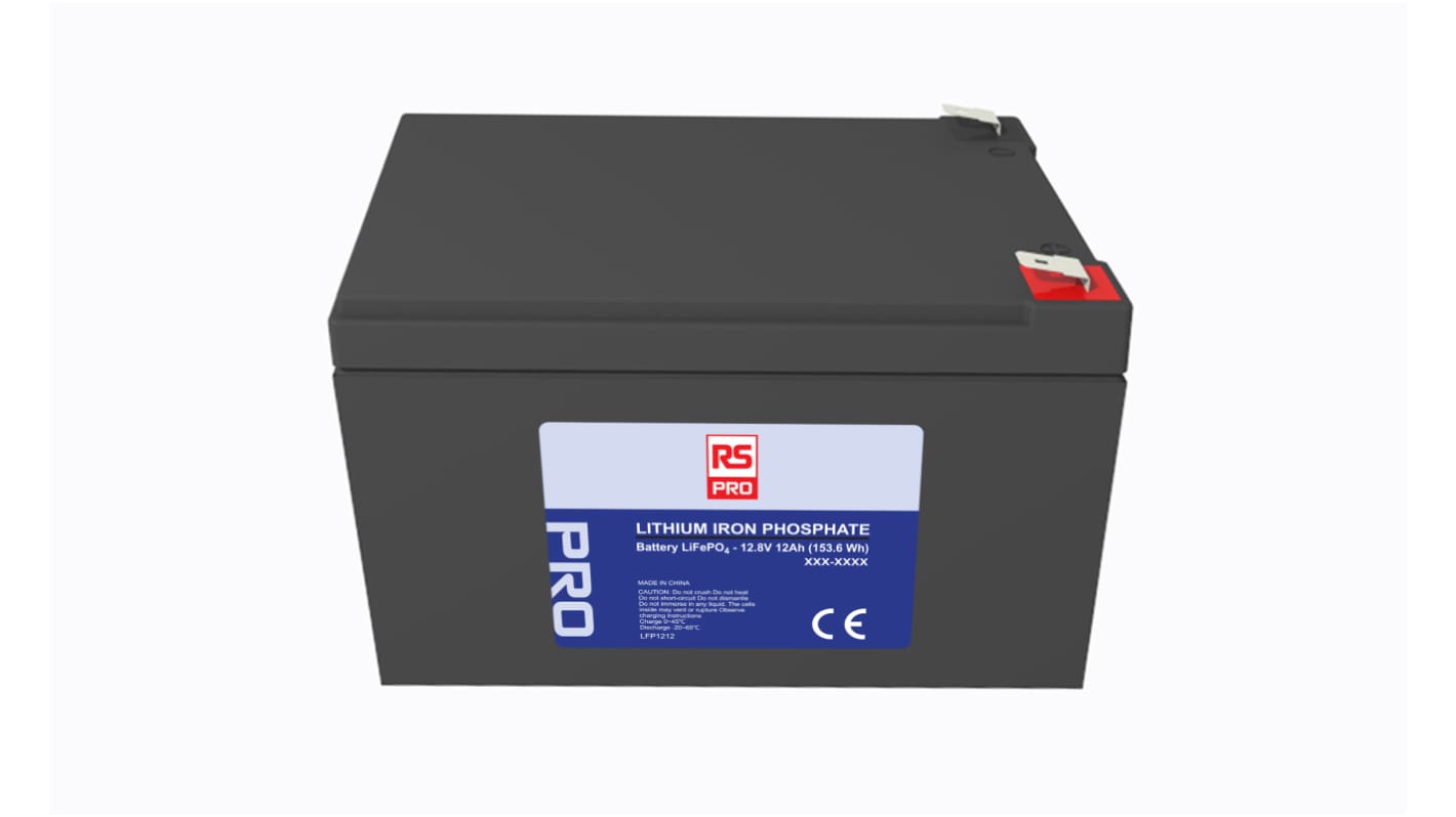 RS PRO 12.8V Lithium Iron Phosphate Rechargeable Battery, 12Ah - Pack of 1