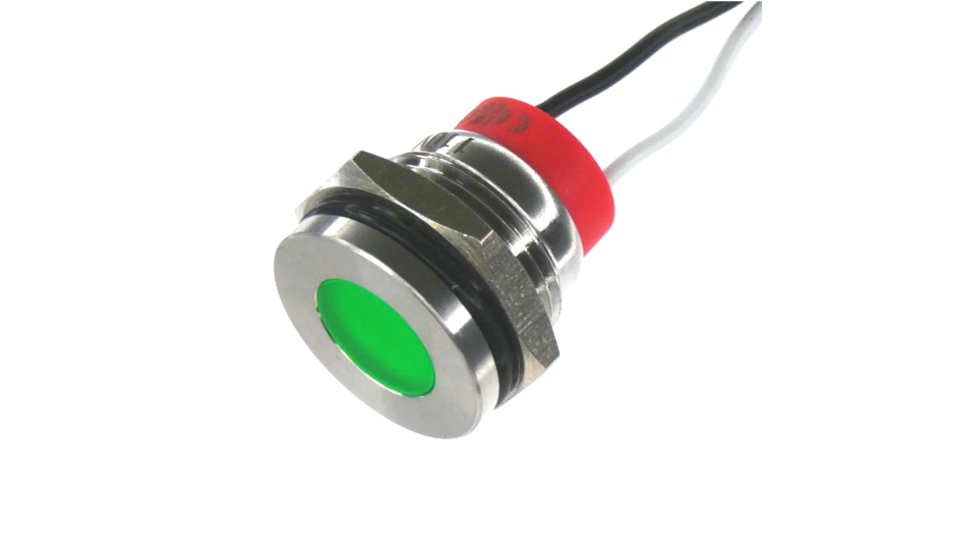 CML Innovative Technologies PL16SL Series Green Panel LED, 240V, 16mm Mounting Hole Size, Lead Wires Termination, IP67