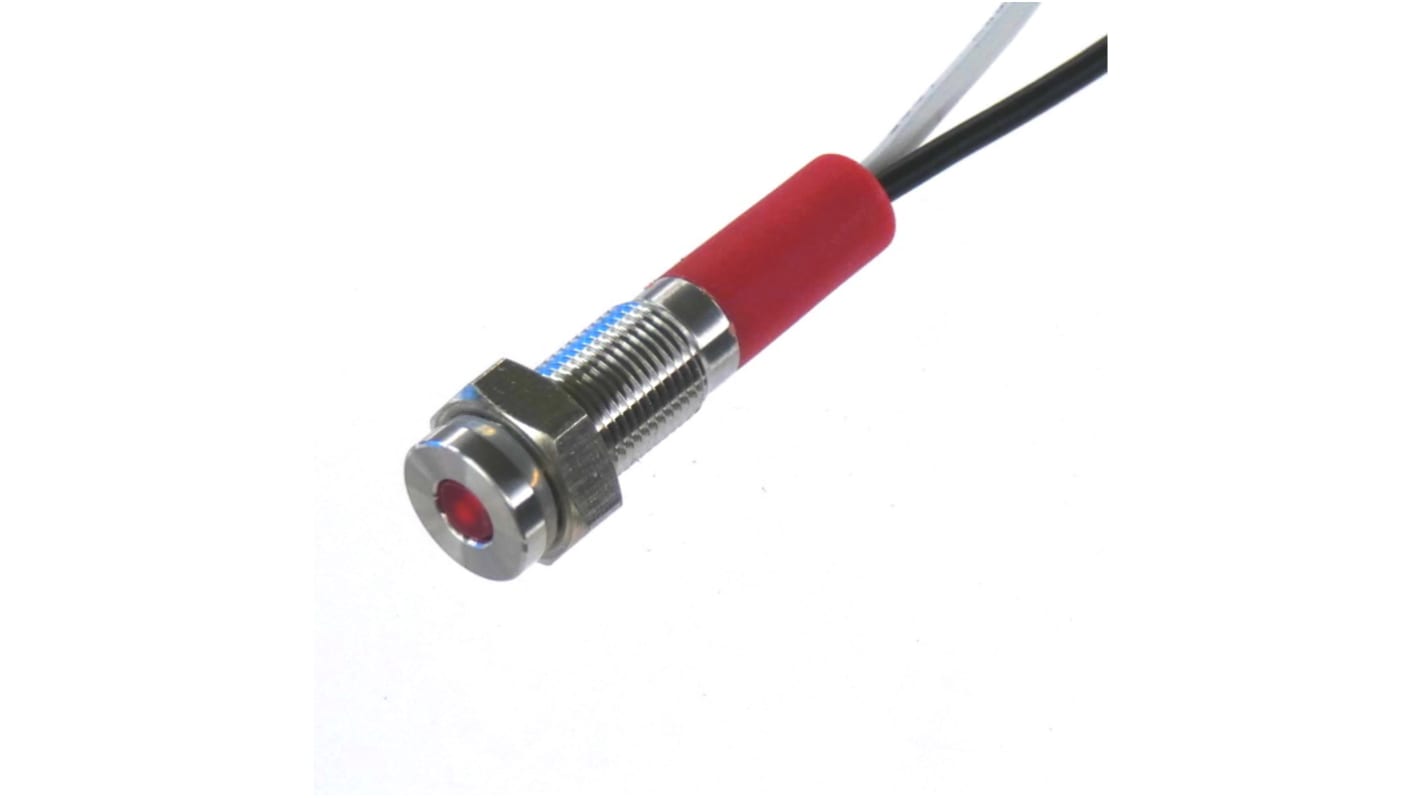 CML Innovative Technologies PL06SL Series Red Panel LED, 240V, 6mm Mounting Hole Size, Lead Wires Termination, IP67