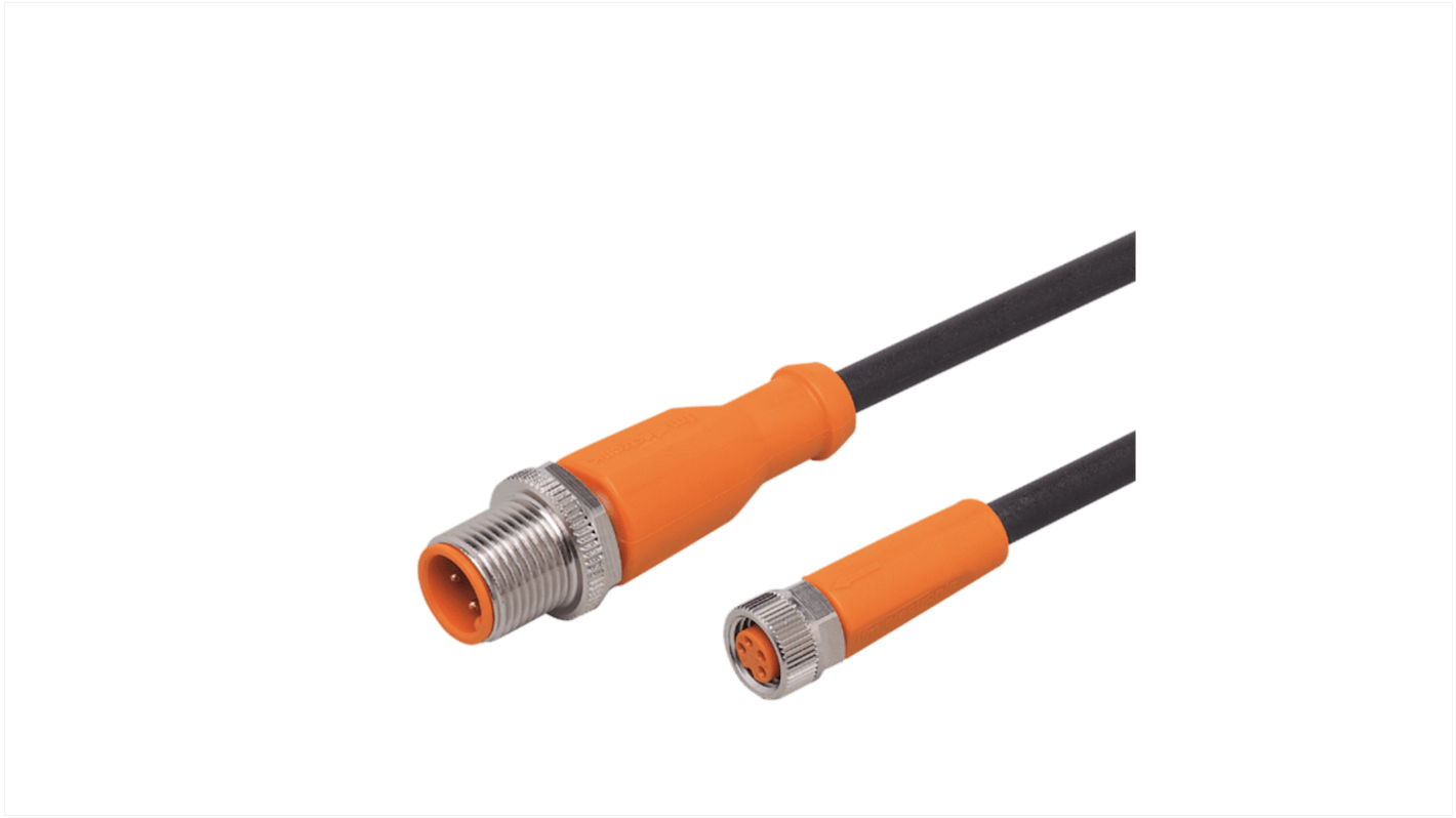 ifm electronic 3芯执行器/传感器电缆, 5m长, M12直向公插转M8直向母座, 0.34mm²CSA, 聚氨酯 PUR黑色护套, EVC系列