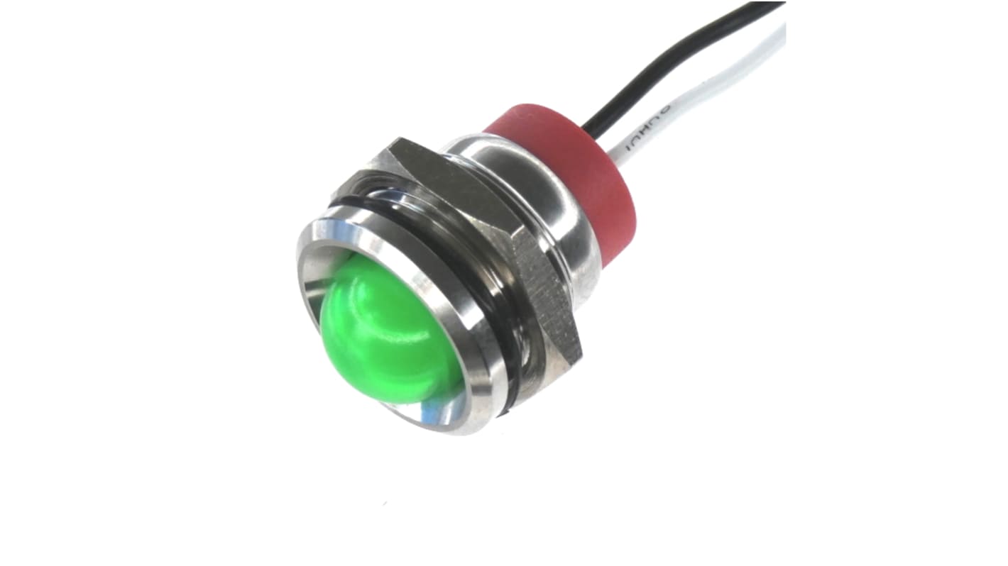CML Innovative Technologies PL16SL Series Green Panel LED, 12V, 16mm Mounting Hole Size, Lead Wires Termination, IP67