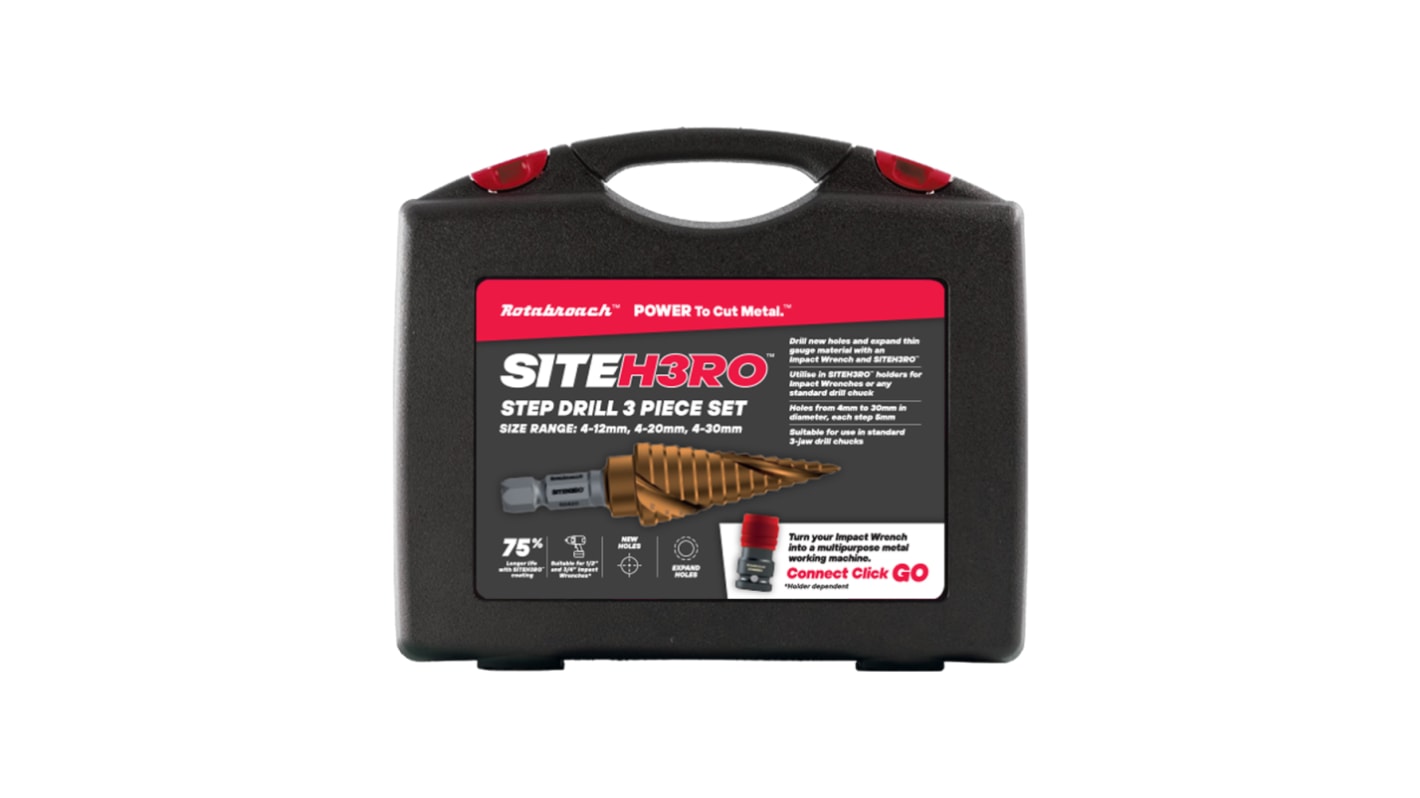 Rotabroach 3-Piece Step Drill Bit Set, 30mm Max, 12mm Min, M2 HSS Bits