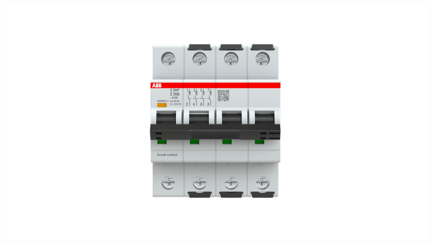 ABB System Pro M Compact S300P MCB, 4P, 20A, Type Z, 415V AC, 25 kA Breaking Capacity