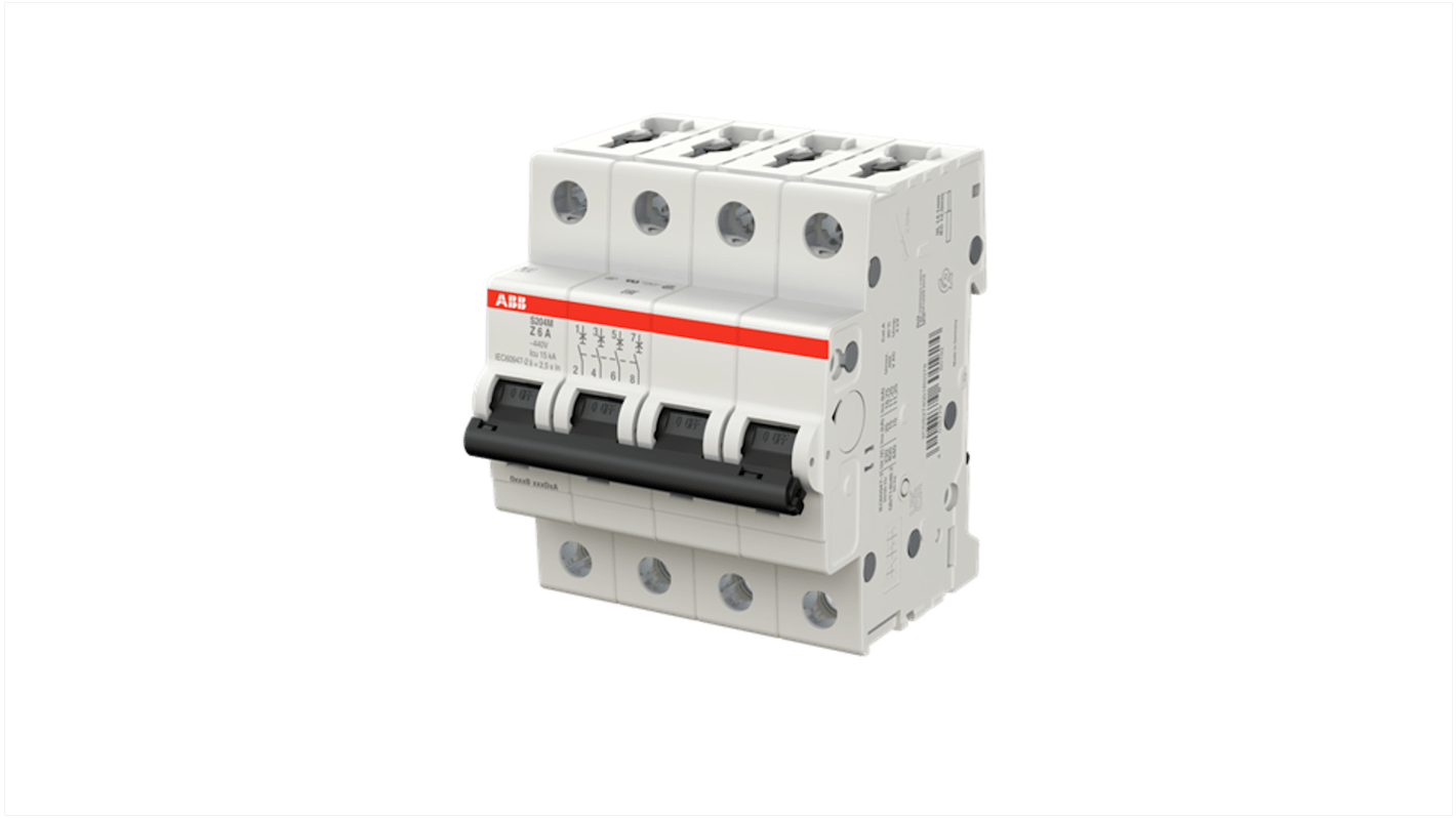 ABB System Pro M Compact S200M MCB, 4P, 6A, Type Z, 400V AC, 125V DC, 15 kA Breaking Capacity