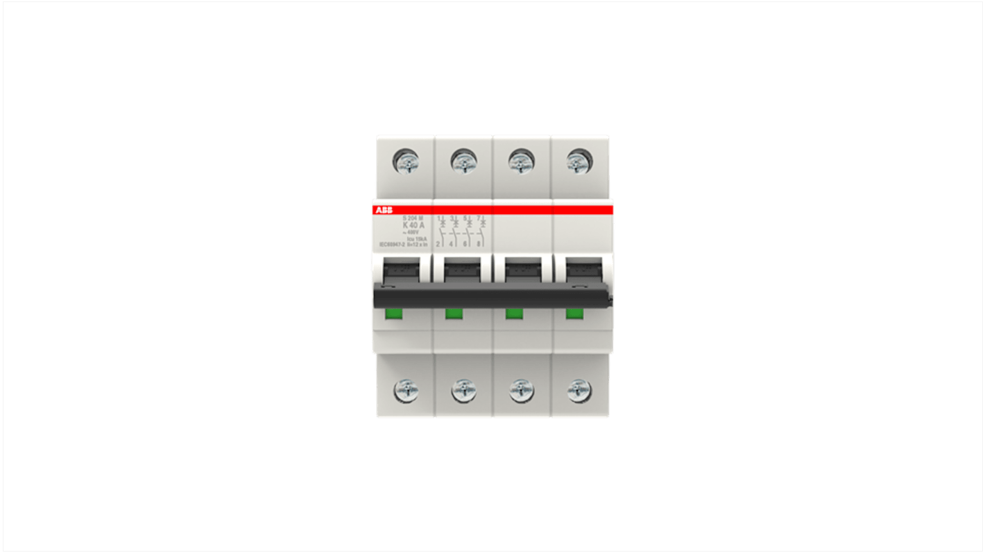 ABB System Pro M Compact S200M MCB, 4P, 40A Curve K, 400V AC, 125V DC, 15 kA Breaking Capacity
