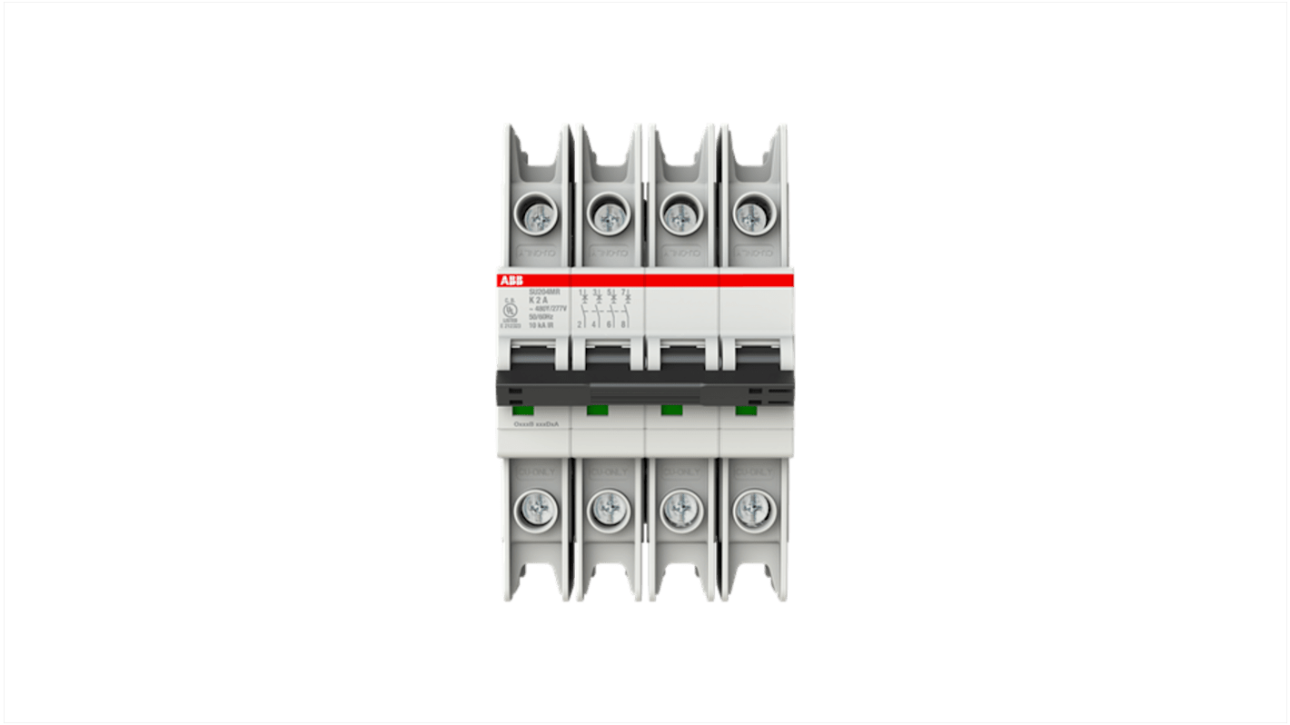 ABB System Pro M Compact SU200 MR MCB, 4P, 2A Curve K, 400V AC, 15 kA Breaking Capacity