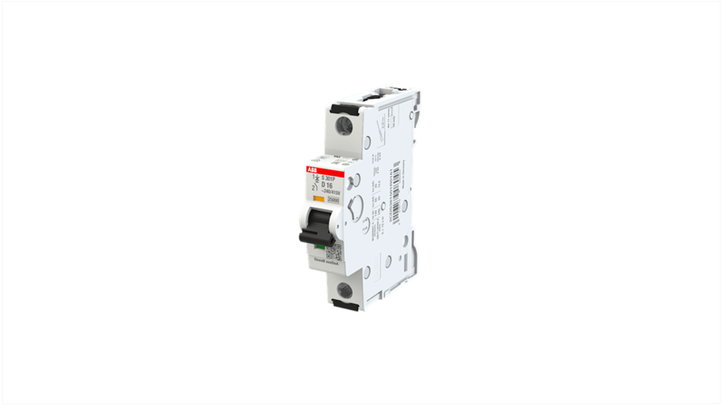 ABB S301 MCB, 1P, 16A Curve D, 415V AC, 125V DC, 100 kA Breaking Capacity
