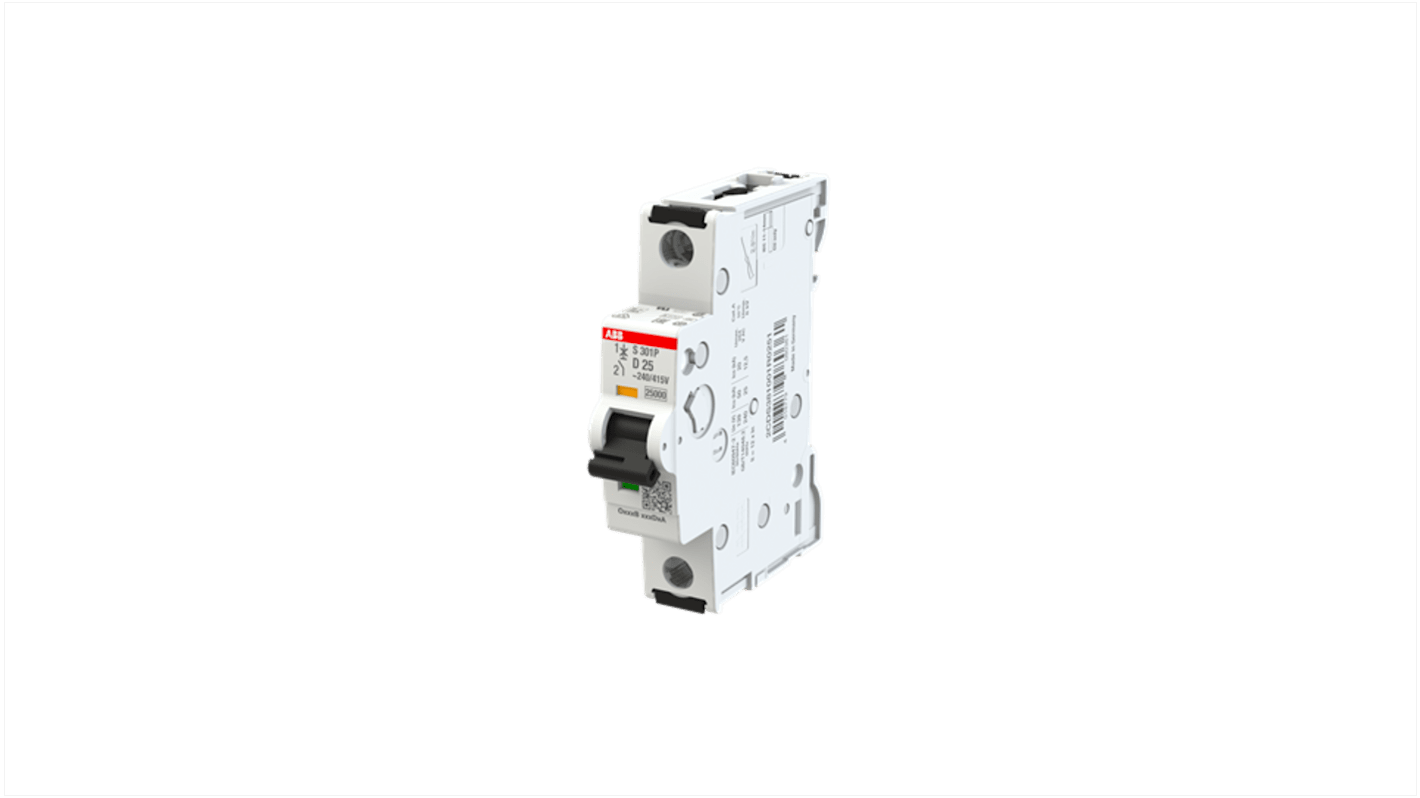 ABB S301 MCB, 1P, 25A Curve D, 415V AC, 125V DC, 100 kA Breaking Capacity
