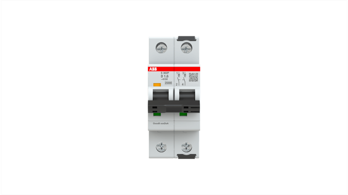 ABB S302 MCB, 2P, 1.6A Curve D, 415V AC, 125V DC, 100 kA Breaking Capacity