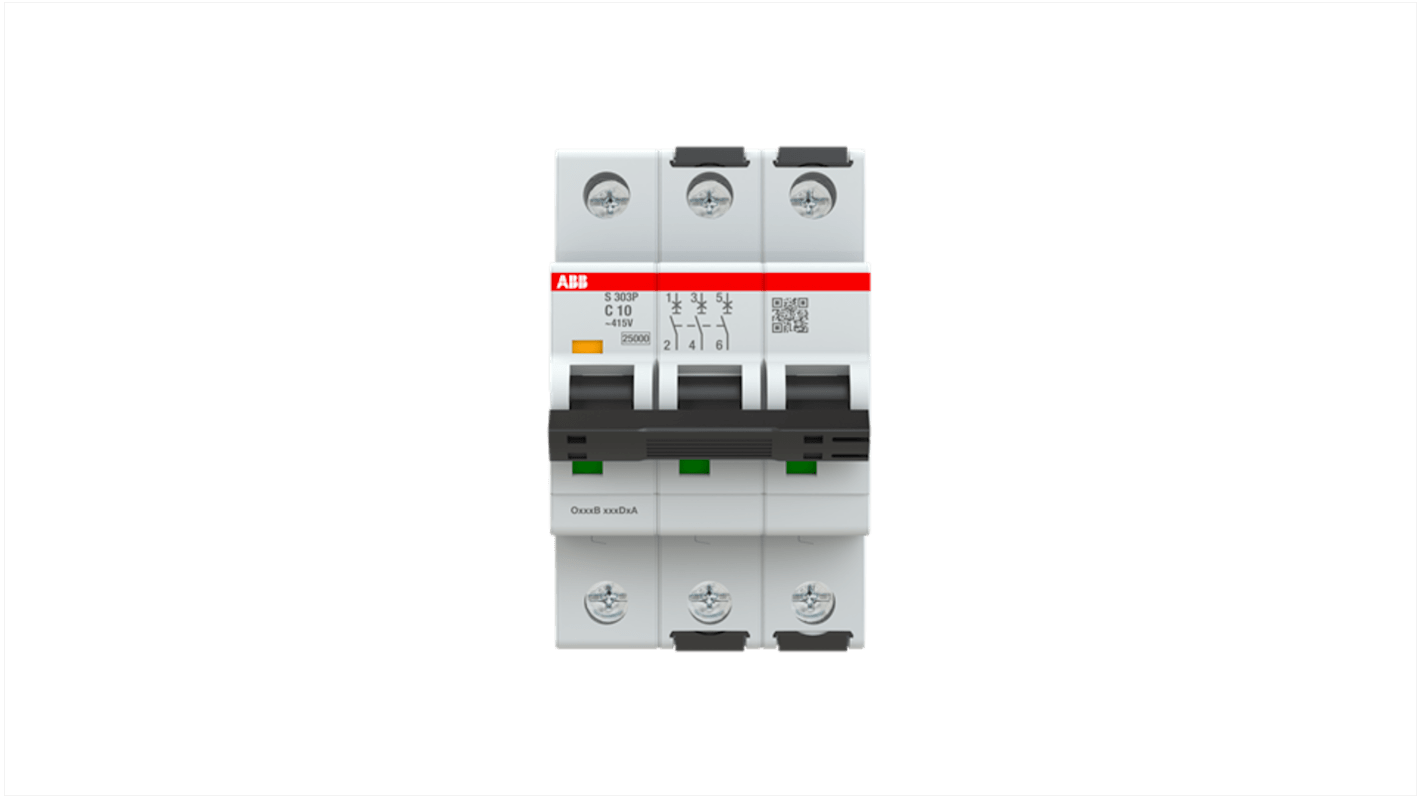 ABB S303 MCB, 3P, 10A Curve C, 415V AC, 125V DC, 15 kA Breaking Capacity