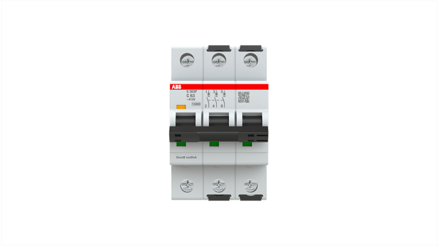 ABB S303 MCB, 3P, 63A Curve C, 415V AC, 125V DC, 15 kA Breaking Capacity