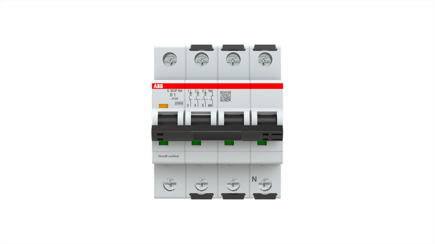 ABB System Pro M Compact S300P MCB, 3+N, 1A Curve D, 415V AC, 100 kA Breaking Capacity