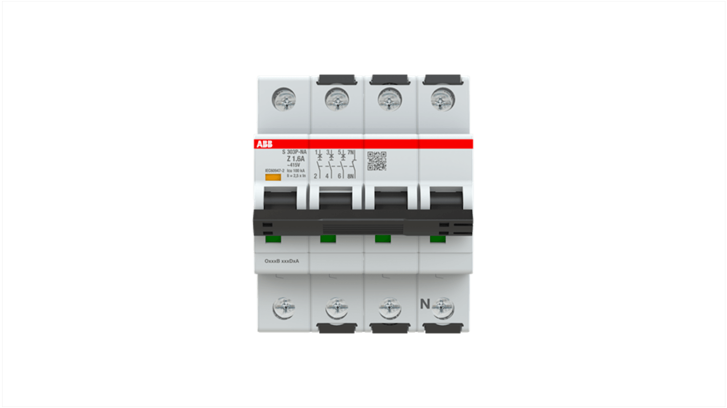 ABB System Pro M Compact S300P MCB, 3+N, 1.6A, Type Z, 415V AC, 100 kA Breaking Capacity