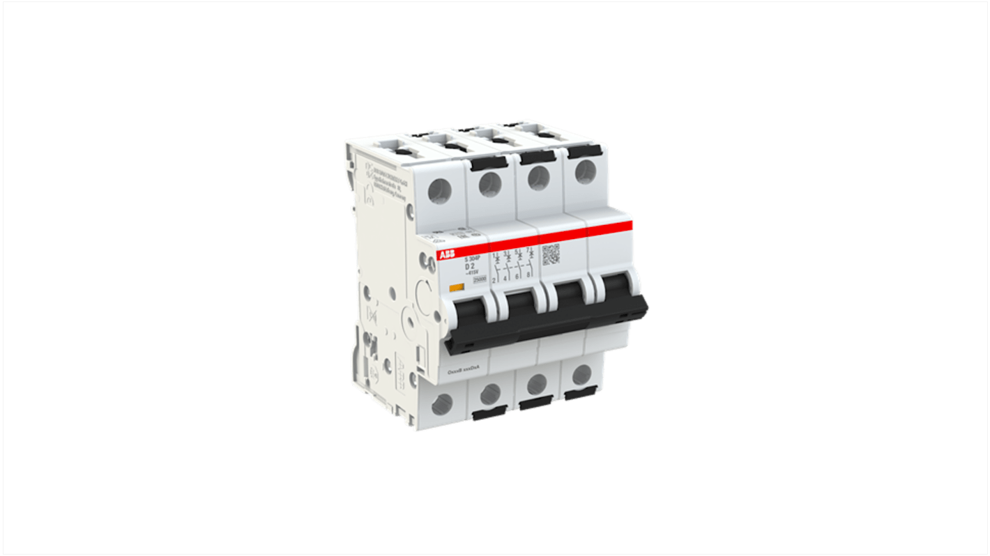 ABB S304 MCB, 4P, 2A Curve D, 415V AC, 125V DC, 100 kA Breaking Capacity