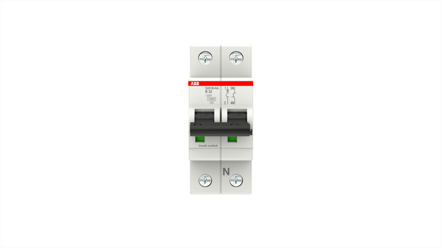 ABB System Pro M Compact S200M MCB, 1+N, 32A Curve B, 230V AC, 60V DC, 15 kA Breaking Capacity