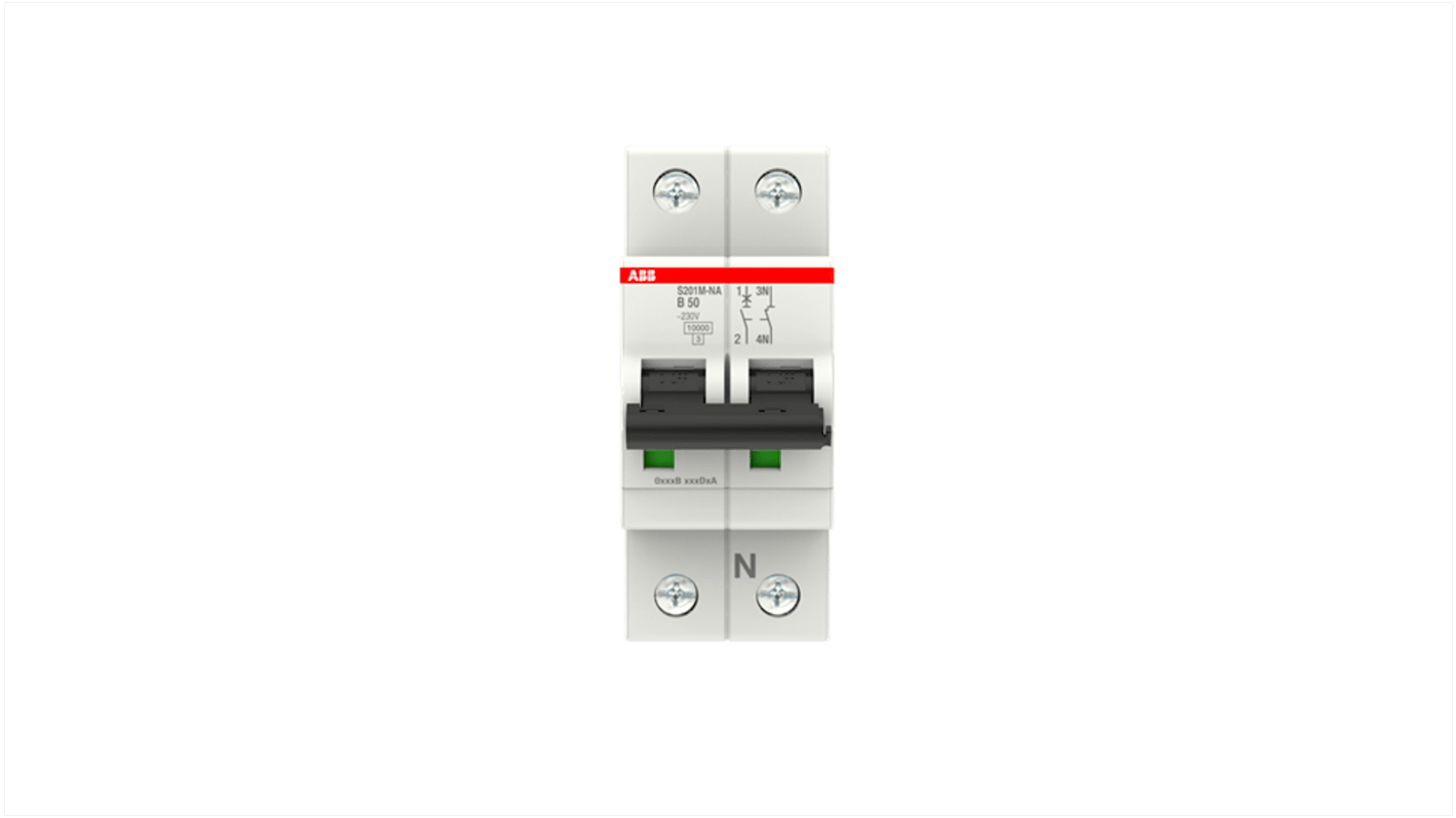 ABB System Pro M Compact S200M MCB, 1+N, 50A Curve B, 230V AC, 60V DC, 15 kA Breaking Capacity