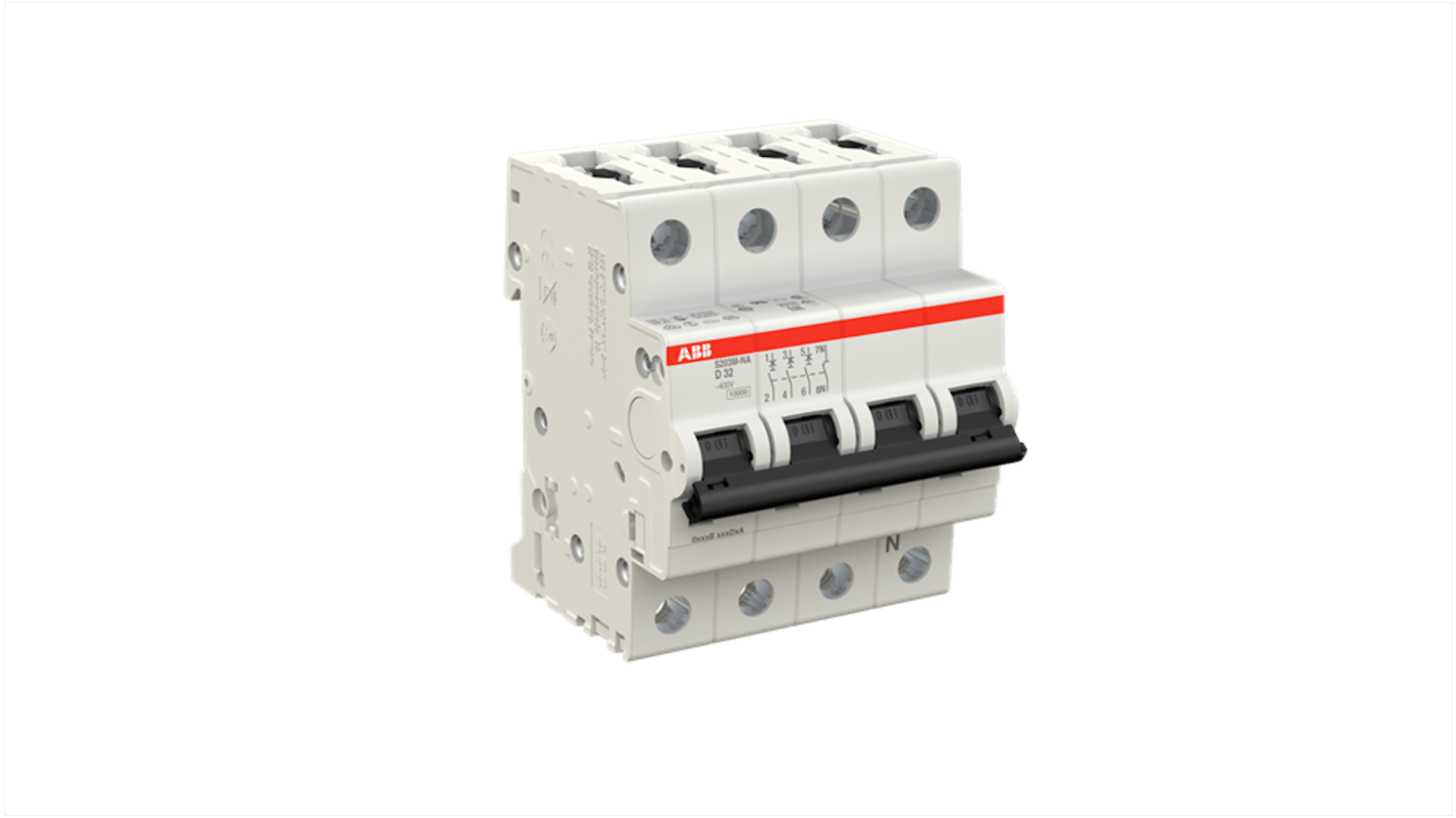 ABB System Pro M Compact S200M MCB, 3+N, 32A Curve D, 400V AC, 125V DC, 15 kA Breaking Capacity