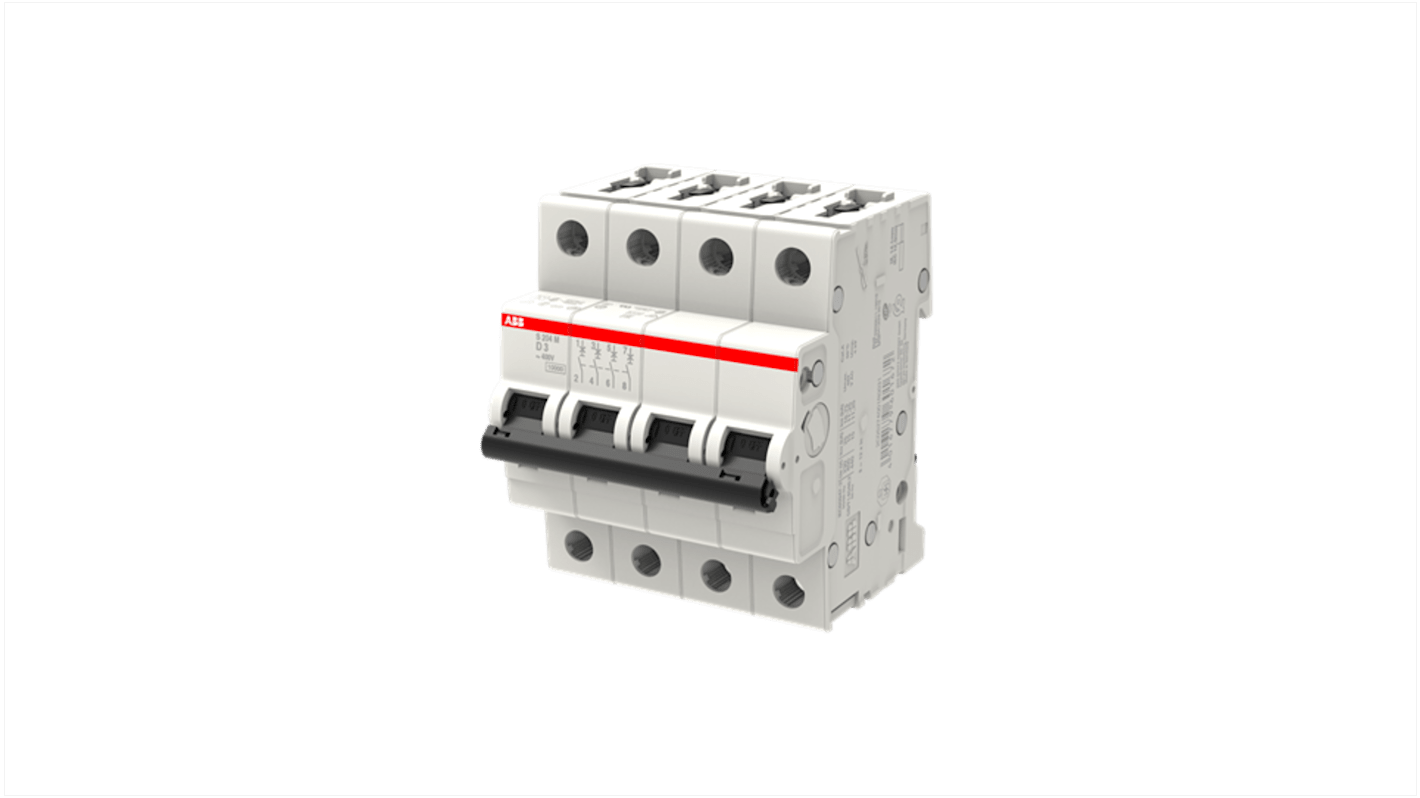 ABB System Pro M Compact S200M MCB, 4P, 3A Curve D, 400V AC, 125V DC, 15 kA Breaking Capacity