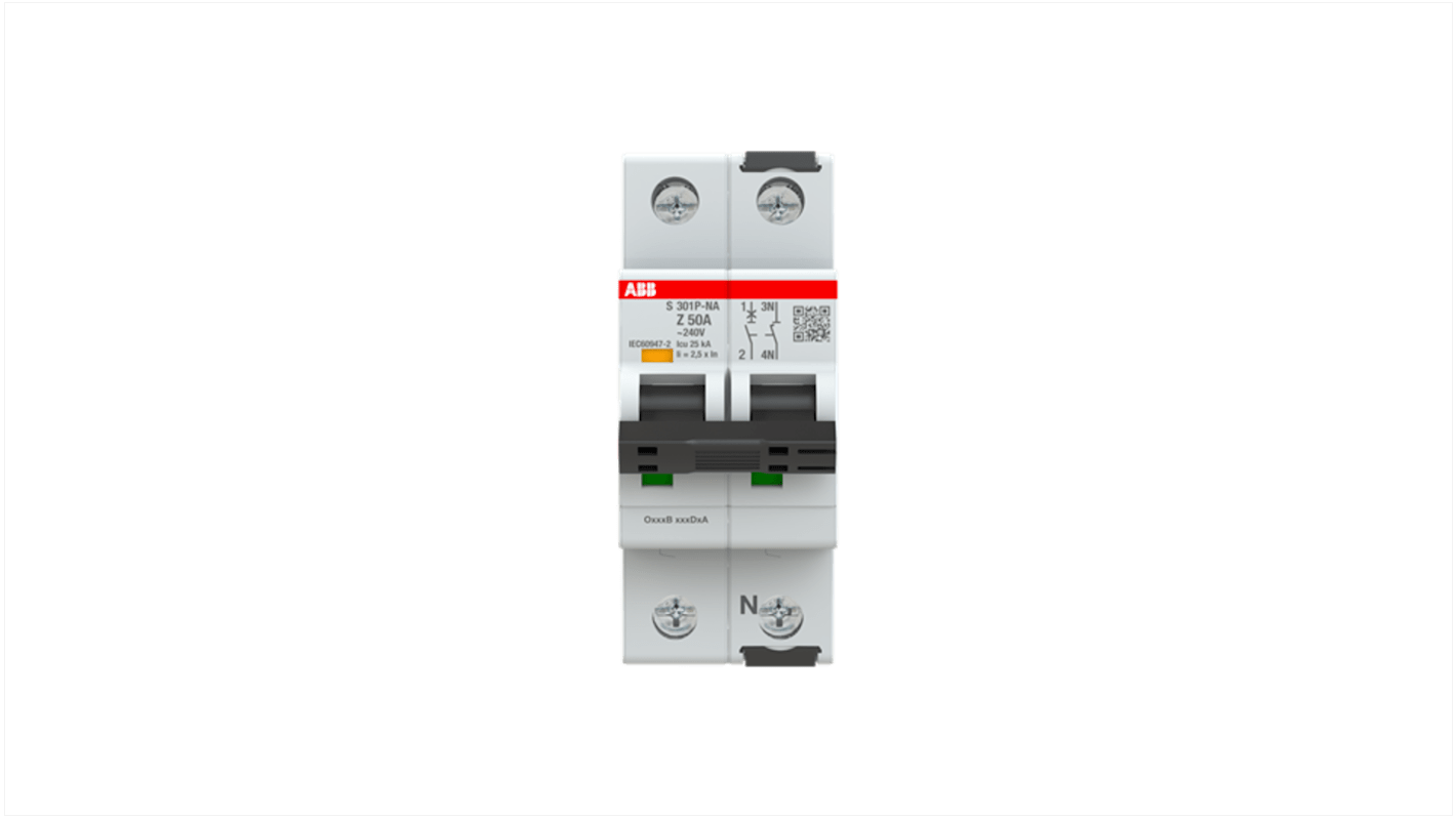 ABB System Pro M Compact S300P MCB, 1+N, 50A, Type Z, 240V AC, 72V DC, 25 kA Breaking Capacity