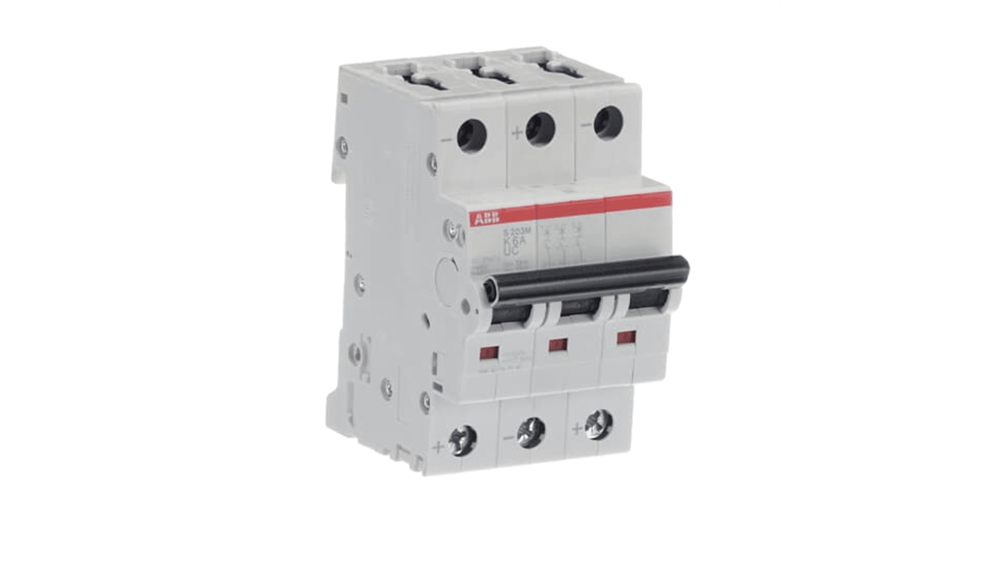 ABB System Pro M Compact S200 M UC MCB, 3P, 6A Curve K, 400V AC, 440V DC, 10 kA Breaking Capacity