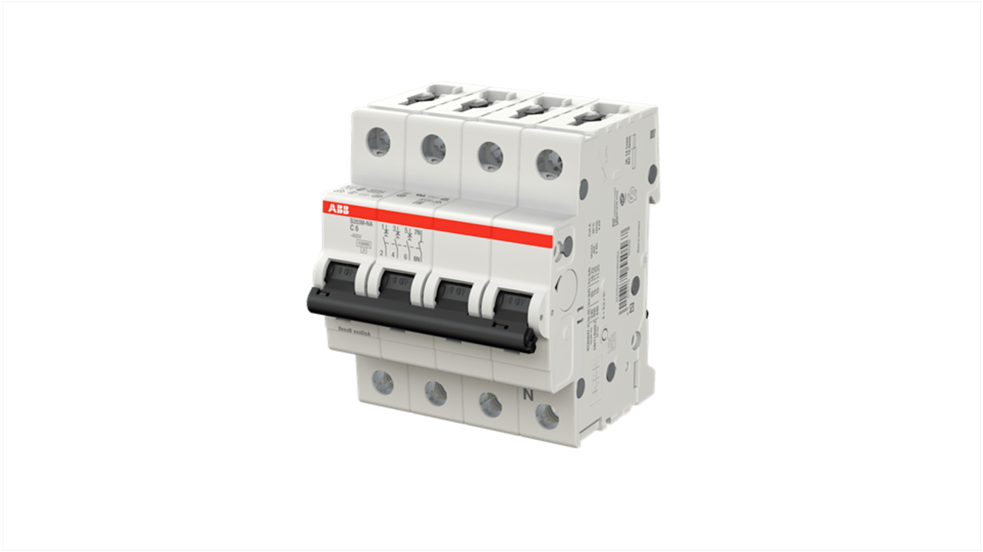 ABB System Pro M Compact S200M MCB, 3+N, 6A Curve C, 400V AC, 125V DC, 15 kA Breaking Capacity