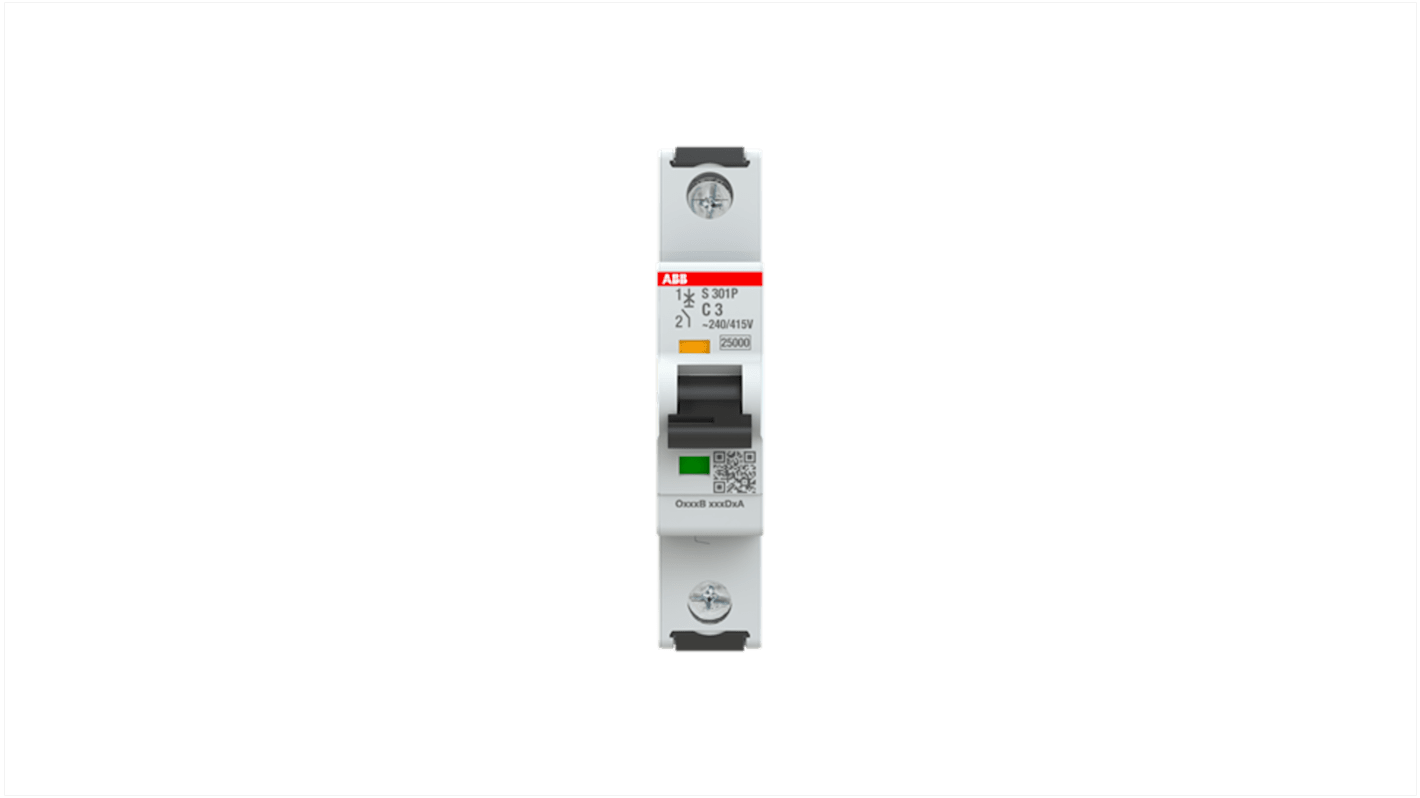 ABB S301 MCB, 1P, 3A Curve C, 415V AC, 125V DC, 100 kA Breaking Capacity