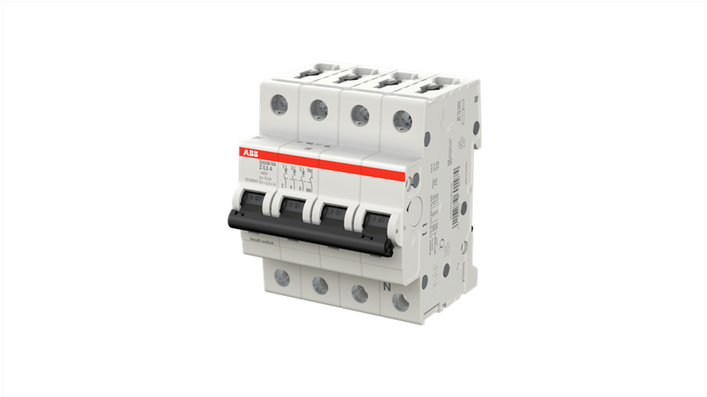 ABB System Pro M Compact S200M MCB, 3+N, 500mA, Type Z, 400V AC, 125V DC, 15 kA Breaking Capacity