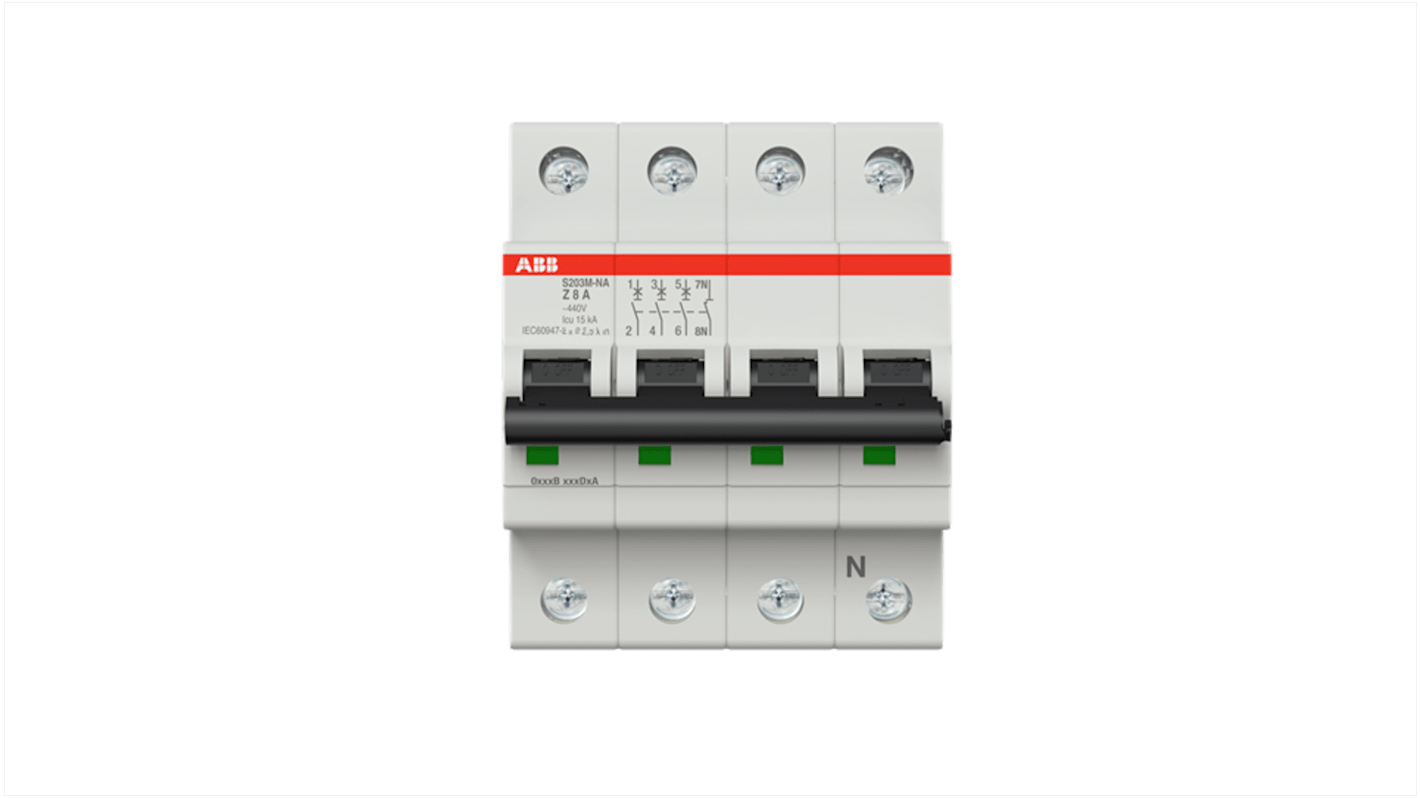 ABB System Pro M Compact S200M MCB, 3+N, 8A, Type Z, 400V AC, 125V DC, 15 kA Breaking Capacity