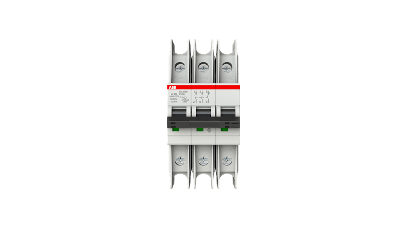 ABB SU200 M MCB, 3P, 4A Curve C, 400V AC, 15 kA Breaking Capacity