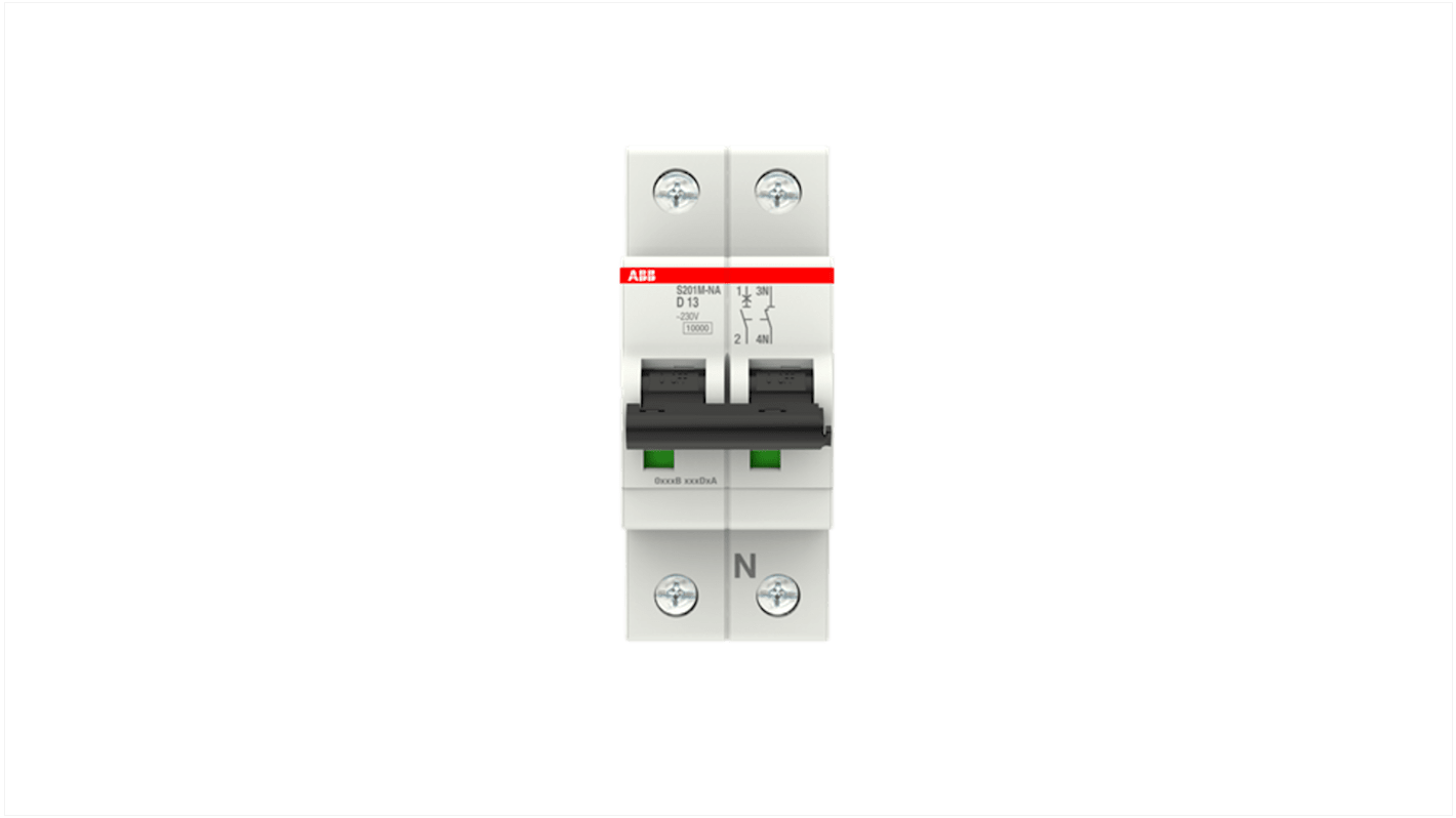 ABB System Pro M Compact S200M MCB, 1+N, 13A Curve D, 230V AC, 60V DC, 15 kA Breaking Capacity