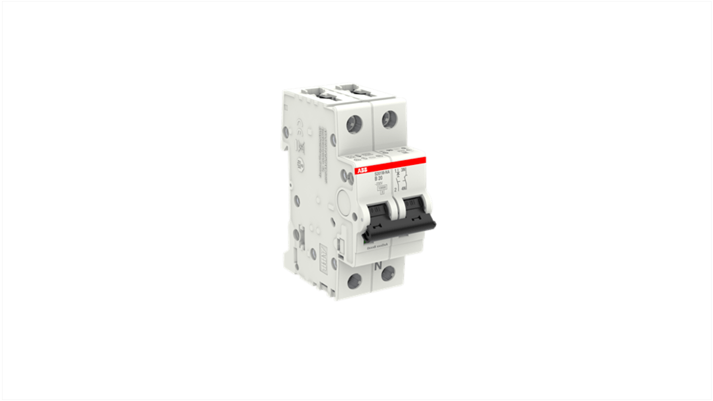 ABB System Pro M Compact S200M MCB, 1+N, 20A Curve B, 230V AC, 60V DC, 15 kA Breaking Capacity