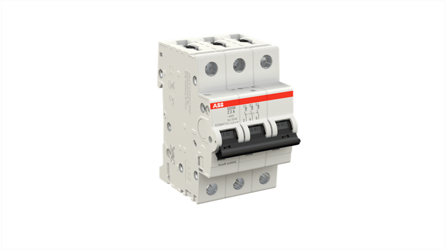 ABB System Pro M Compact S200M MCB, 3P, 2A, Type Z, 400V AC, 125V DC, 15 kA Breaking Capacity