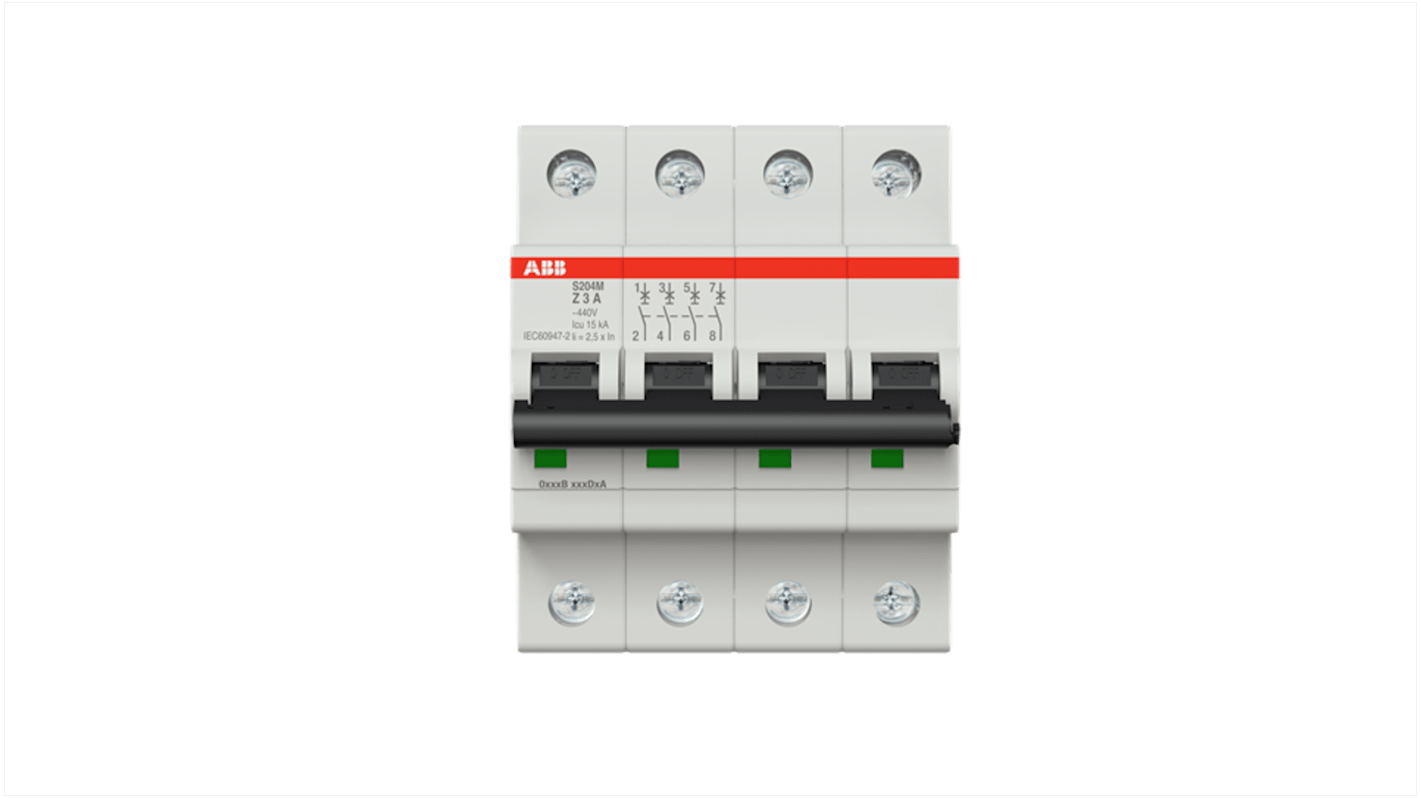 ABB System Pro M Compact S200M MCB, 4P, 3A, Type Z, 400V AC, 125V DC, 15 kA Breaking Capacity