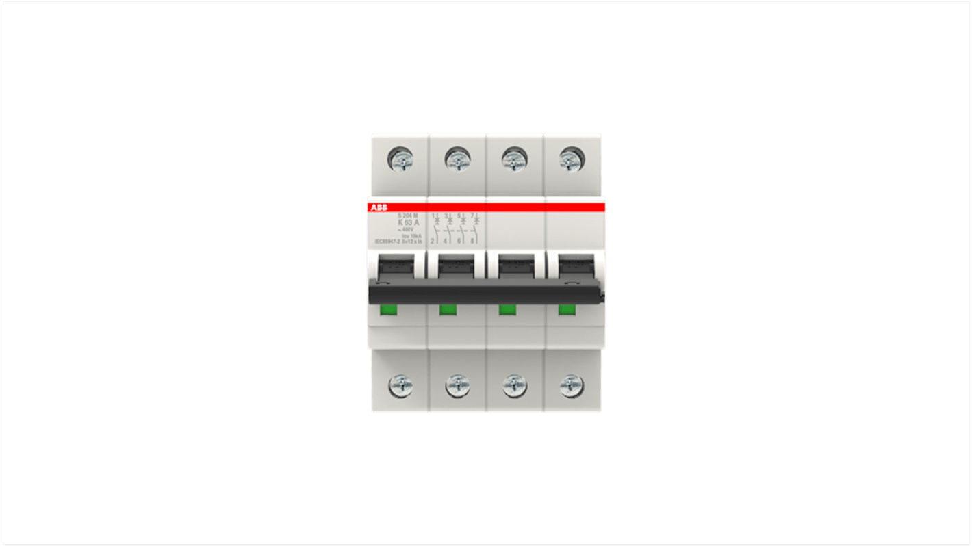 ABB System Pro M Compact S200M MCB, 4P, 63A Curve K, 400V AC, 125V DC, 15 kA Breaking Capacity