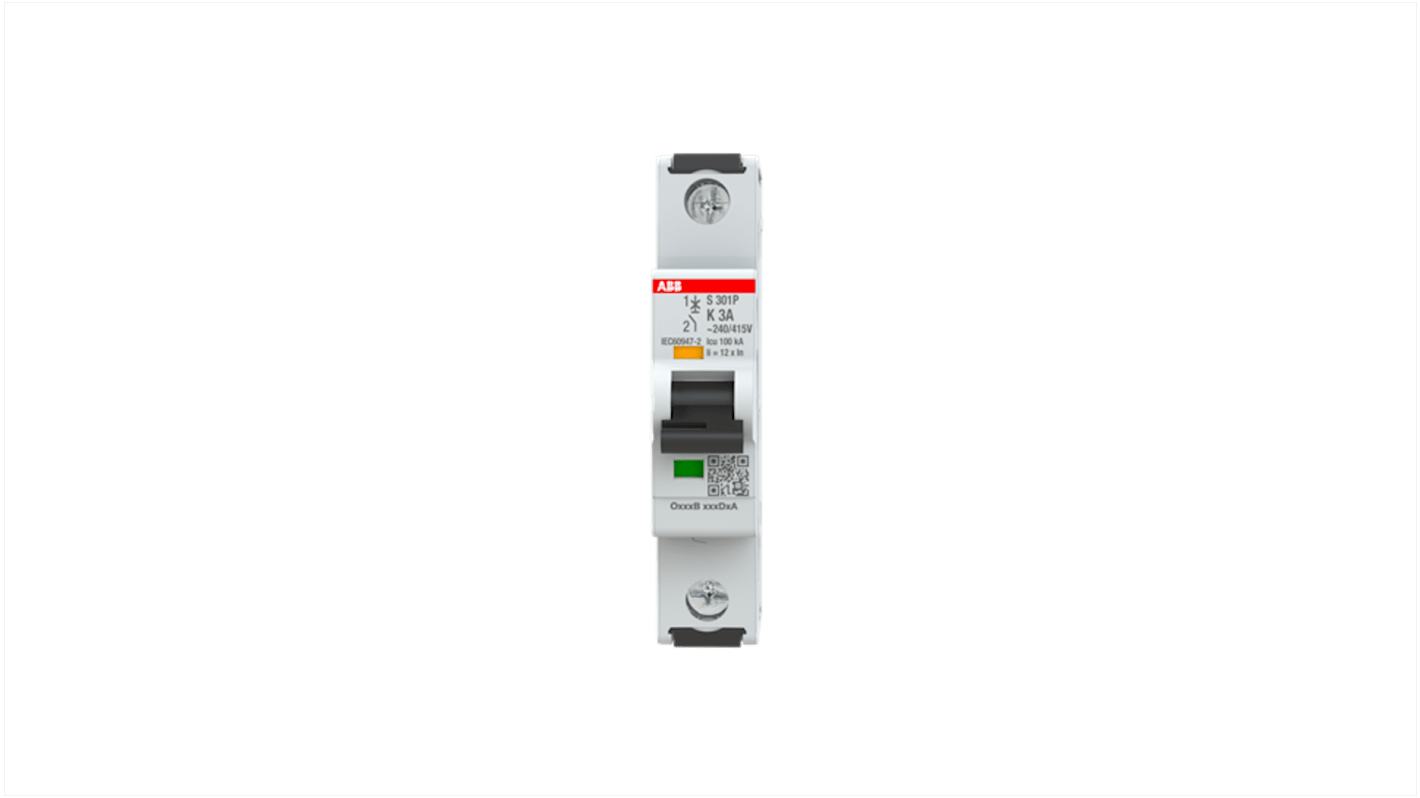 ABB S301 MCB, 1P, 3A Curve K, 415V AC, 125V DC, 100 kA Breaking Capacity