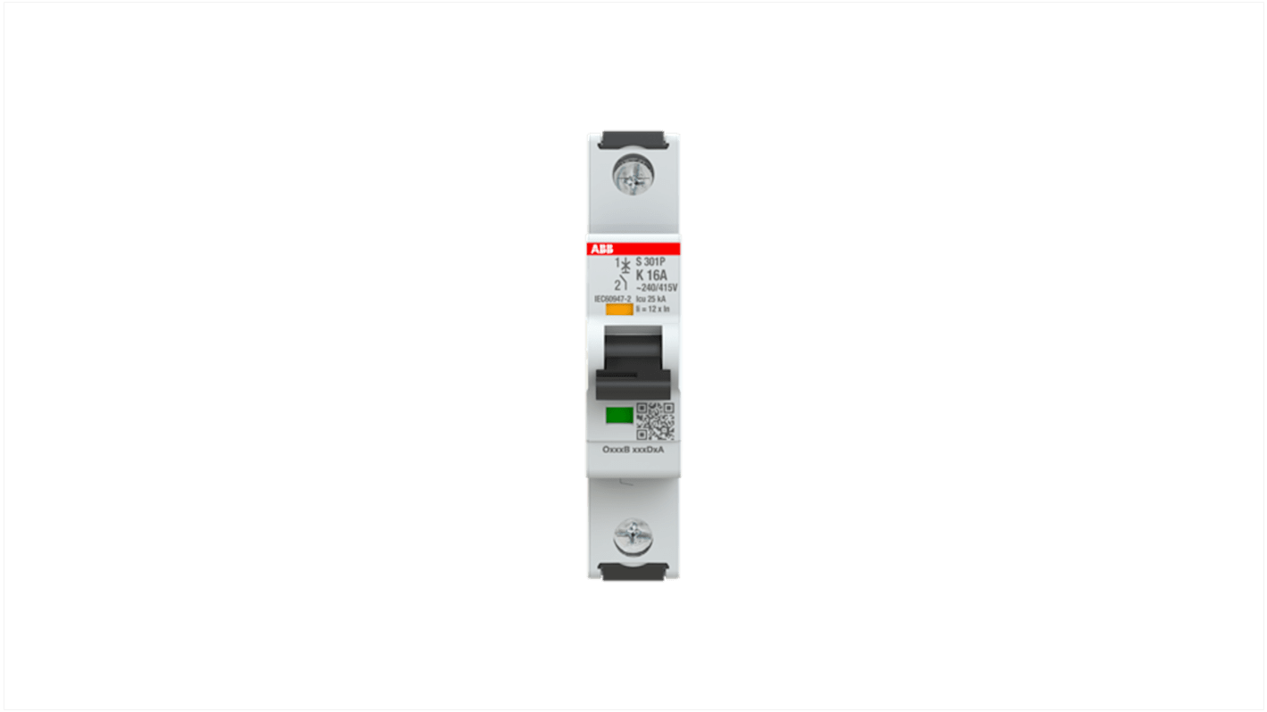 ABB S301 MCB, 1P, 16A Curve K, 415V AC, 125V DC, 25 kA Breaking Capacity