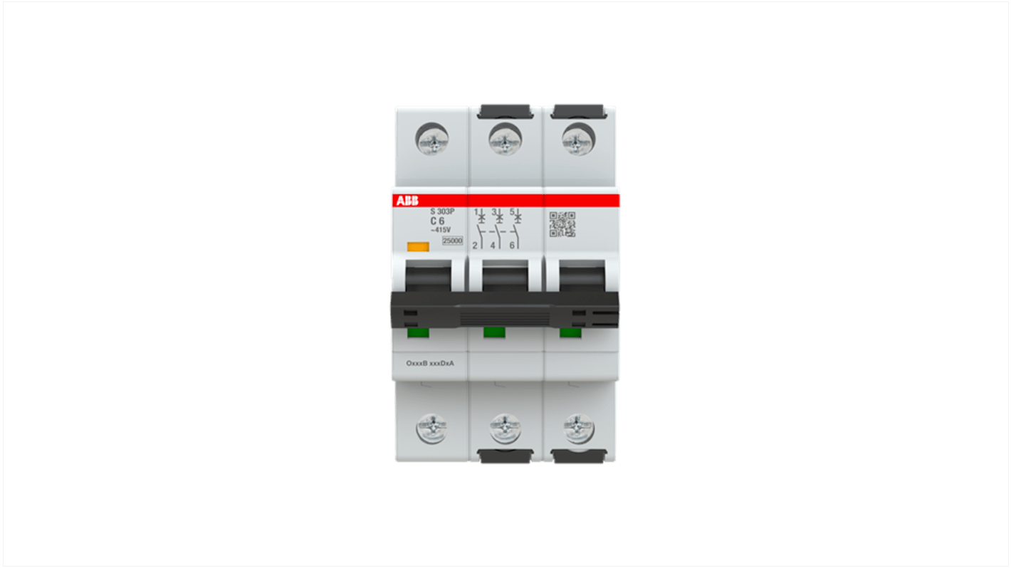 ABB S303 MCB, 3P, 6A Curve C, 415V AC, 125V DC, 100 kA Breaking Capacity
