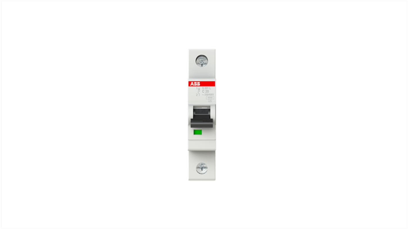 ABB S201L MCB, 1P, 20A Curve C, 230/400V AC, 6 kA Breaking Capacity