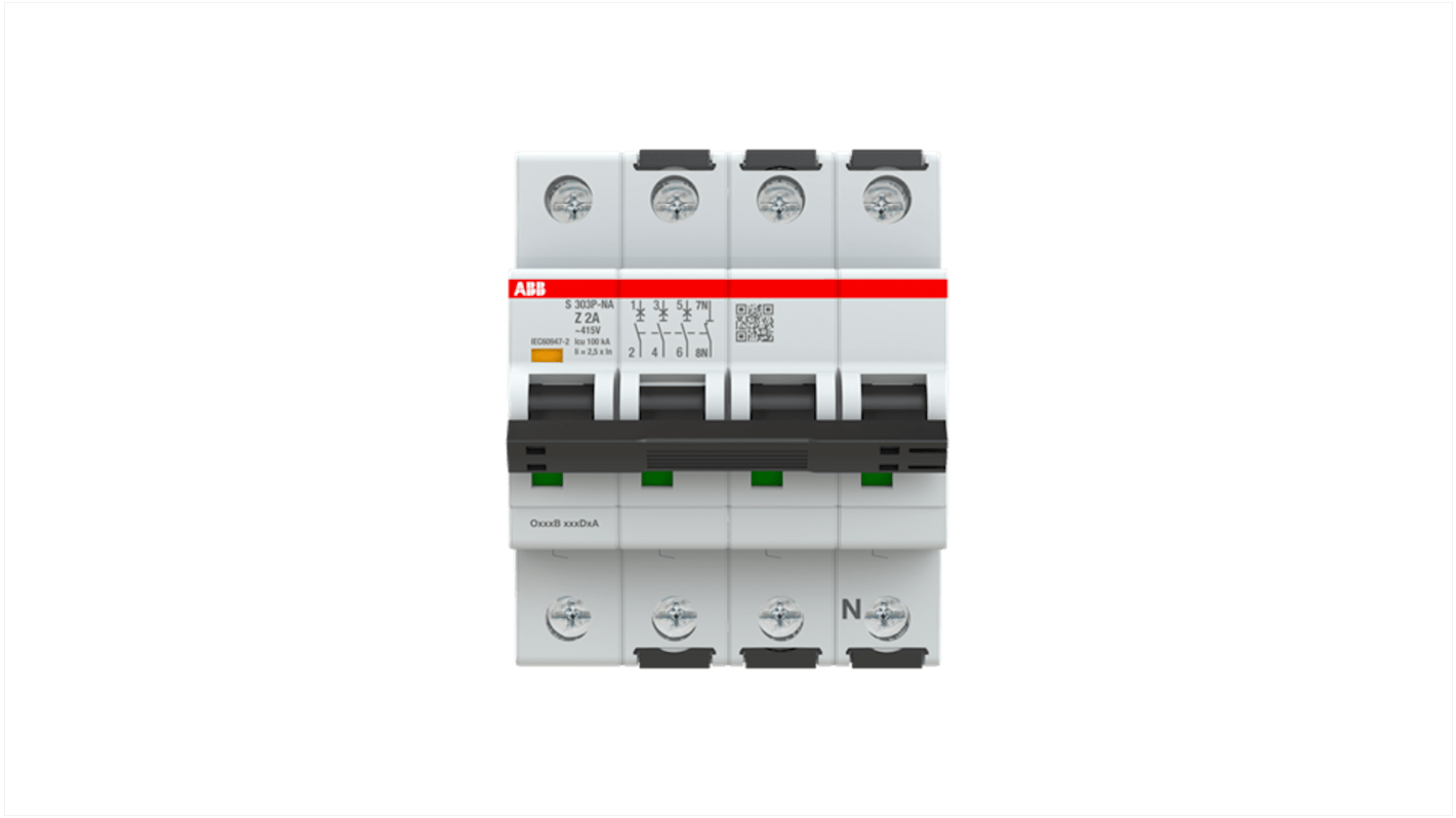 ABB System Pro M Compact S300P MCB, 3+N, 2A, Type Z, 415V AC, 100 kA Breaking Capacity