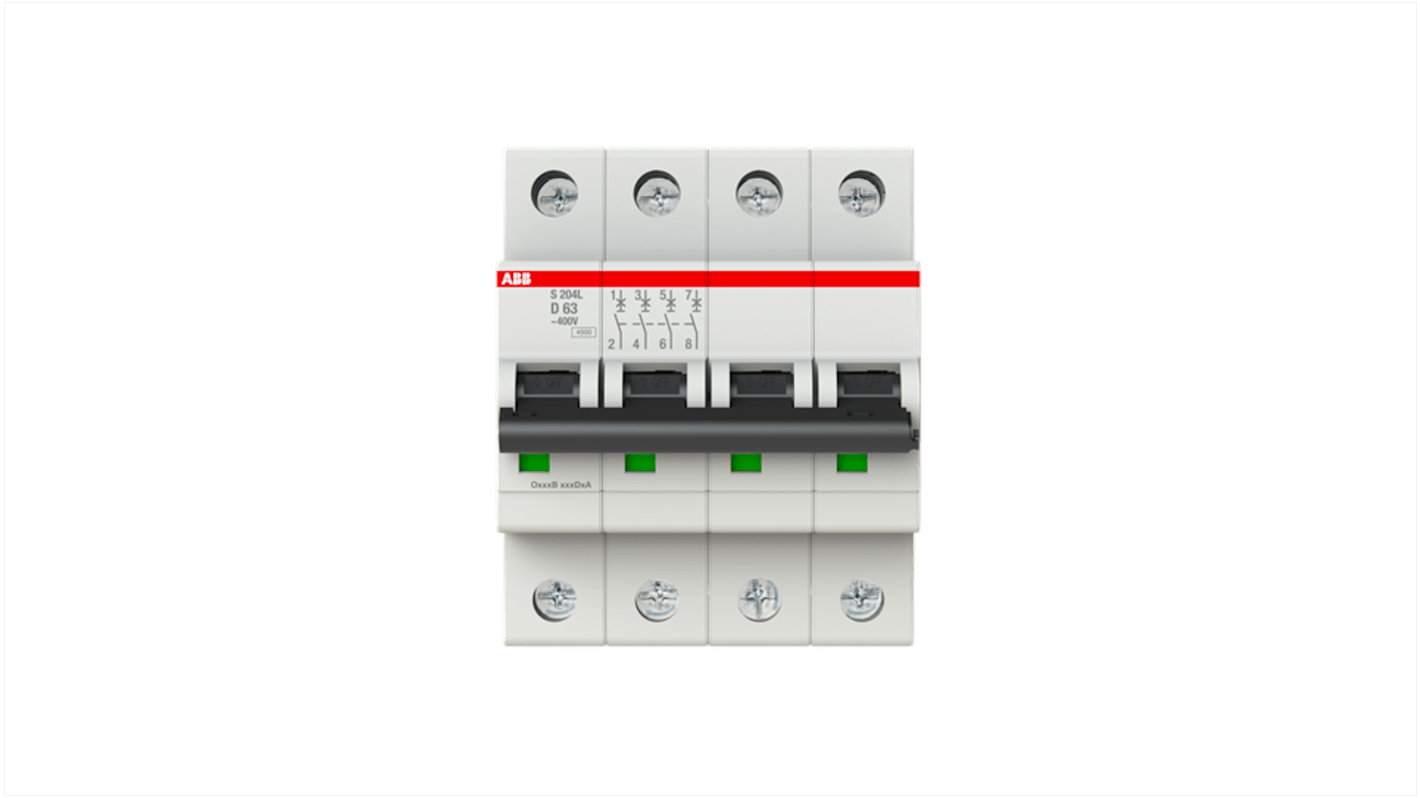 ABB S204L MCB, 4P, 63A Curve D, 400V AC, 6 kA Breaking Capacity