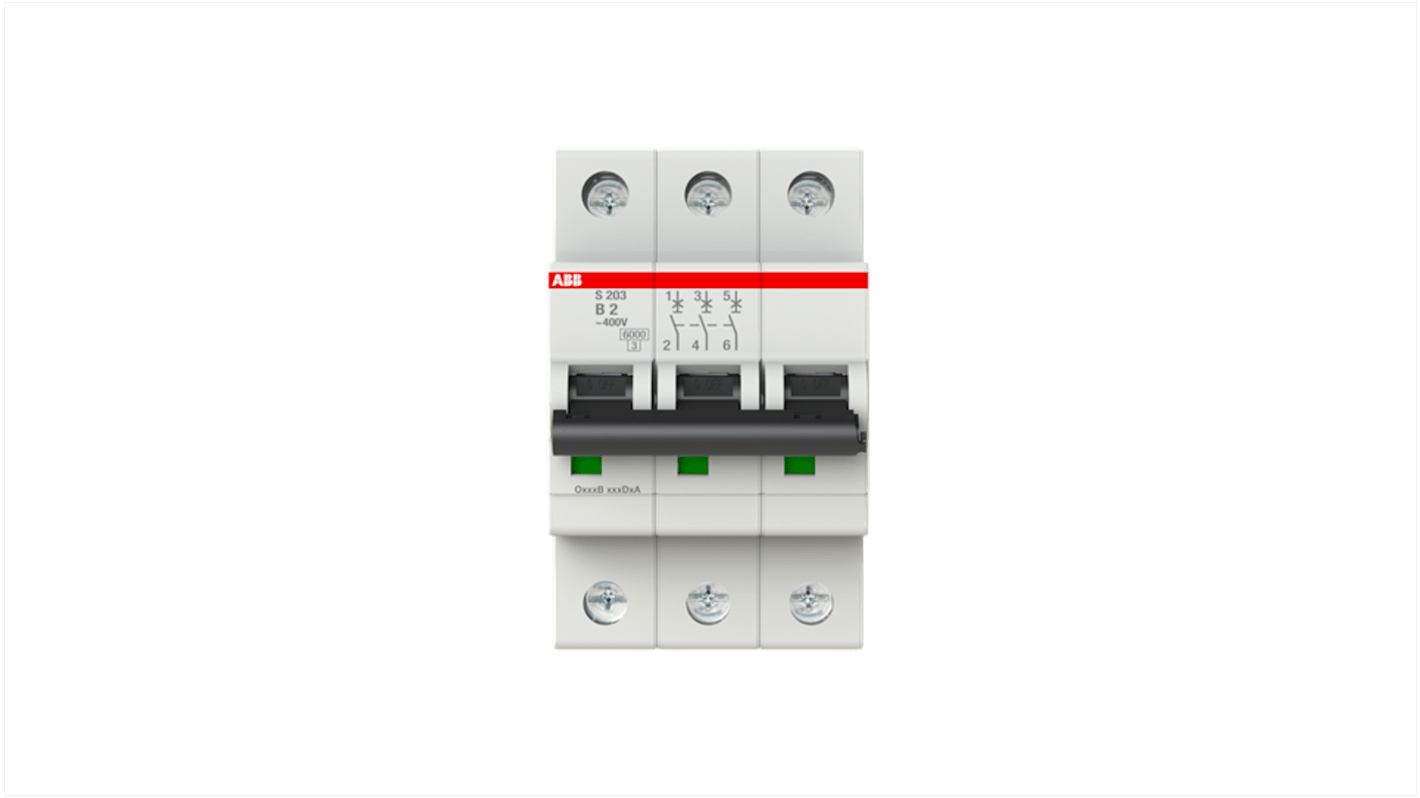 ABB System Pro M Compact S200 MCB, 3P, 2A Curve B, 400V AC, 110V DC, 10 kA Breaking Capacity
