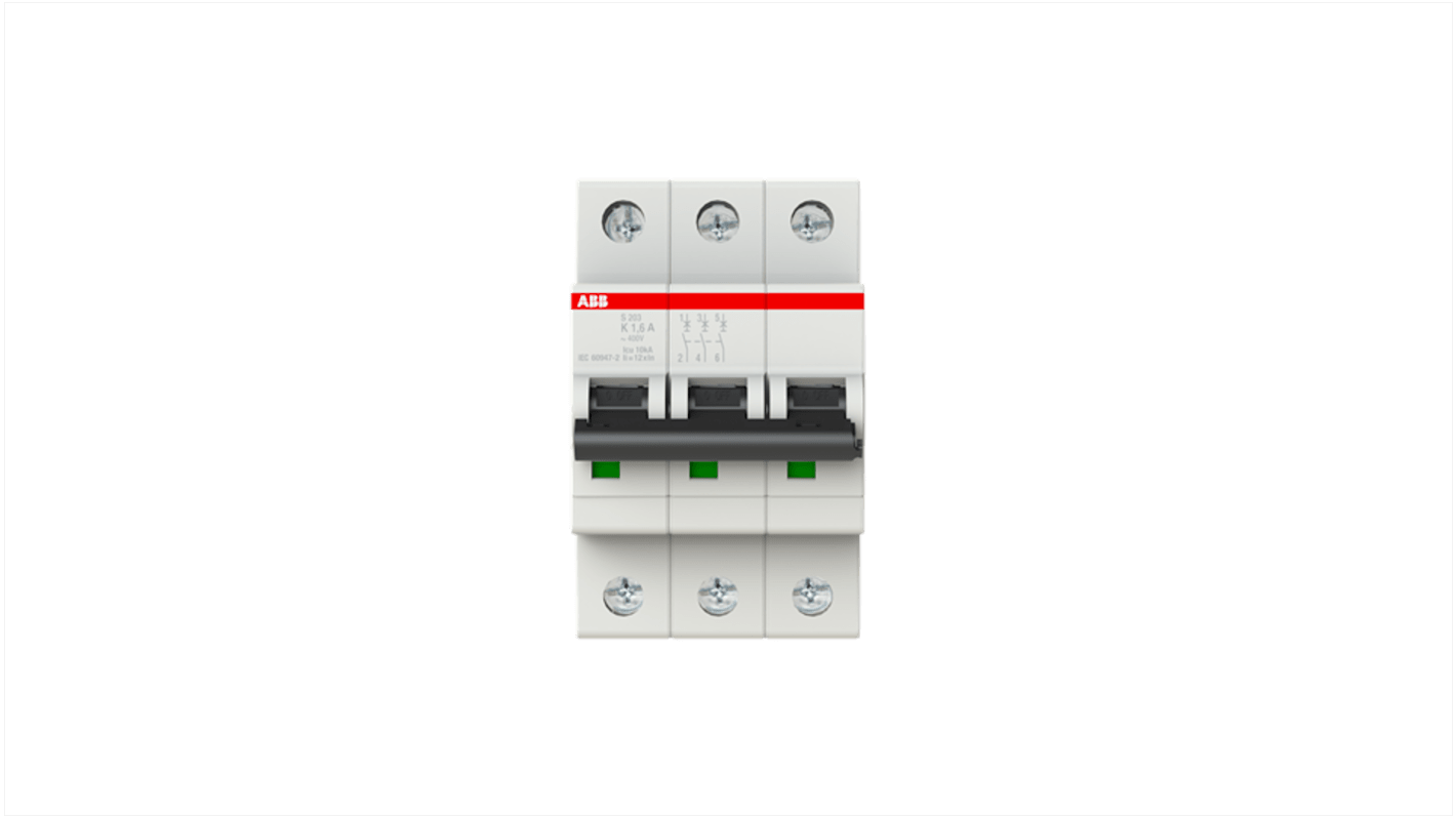 ABB System Pro M Compact S200 MCB, 3P, 1.6A Curve K, 400V AC, 110V DC, 10 kA Breaking Capacity