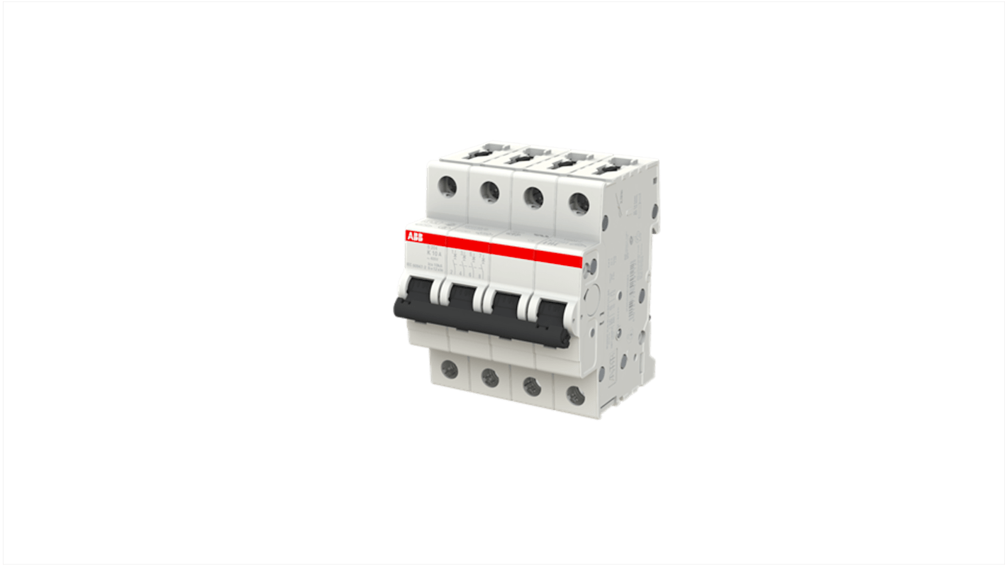 ABB System Pro M Compact S200 MCB, 4P, 10A Curve K, 400V AC, 110V DC, 10 kA Breaking Capacity