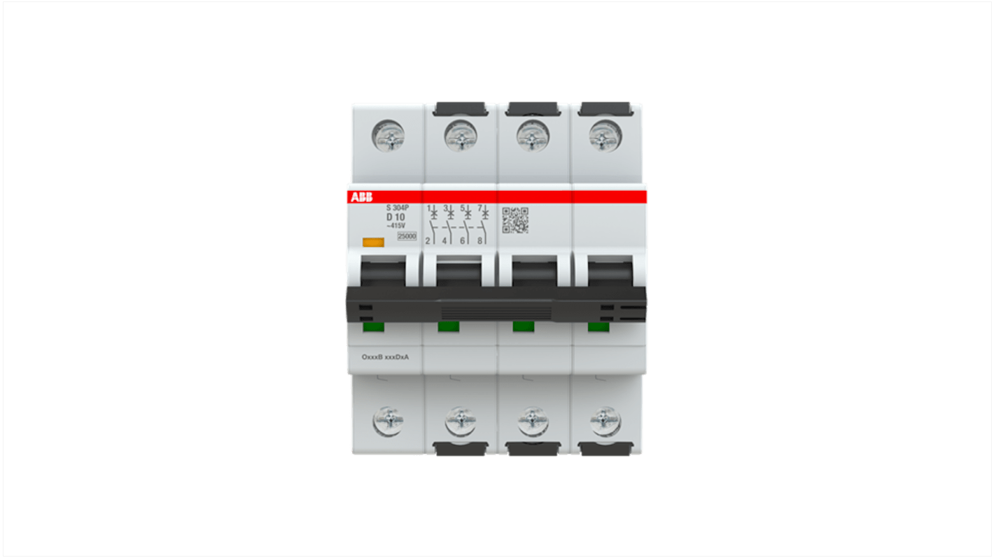 ABB S304 MCB, 4P, 10A Curve D, 415V AC, 125V DC, 100 kA Breaking Capacity