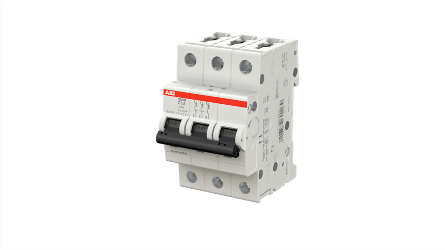 ABB System Pro M Compact S200M MCB, 3P, 3A, Type Z, 400V AC, 125V DC, 15 kA Breaking Capacity