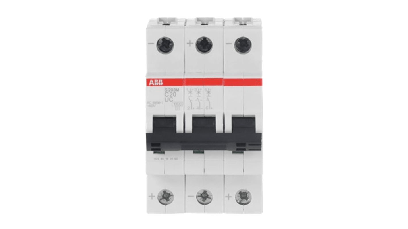 ABB System Pro M Compact S200 M UC MCB, 3P, 20A Curve C, 400V AC, 440V DC, 10 kA Breaking Capacity