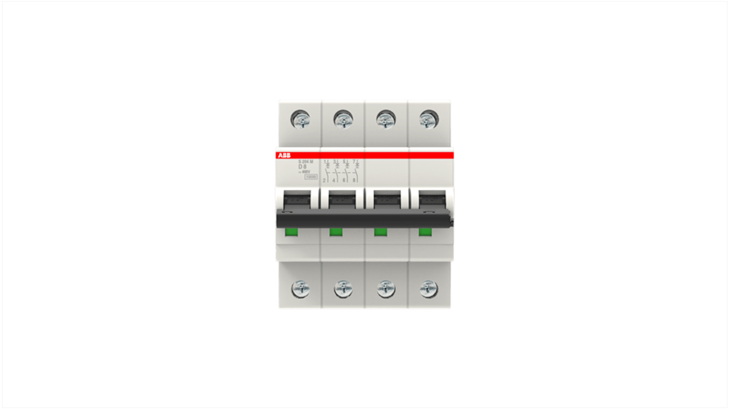 ABB System Pro M Compact S200M MCB, 4P, 8A Curve D, 400V AC, 125V DC, 15 kA Breaking Capacity
